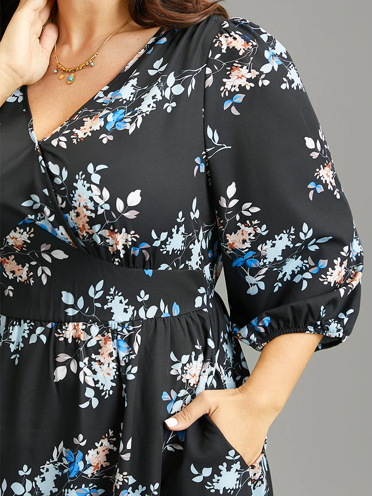 Floral Wrap Gathered Lantern Sleeve Dress - Image 4