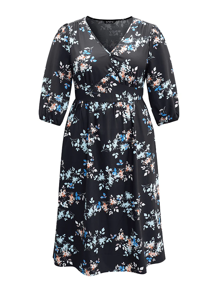 Floral Wrap Gathered Lantern Sleeve Dress - Image 5