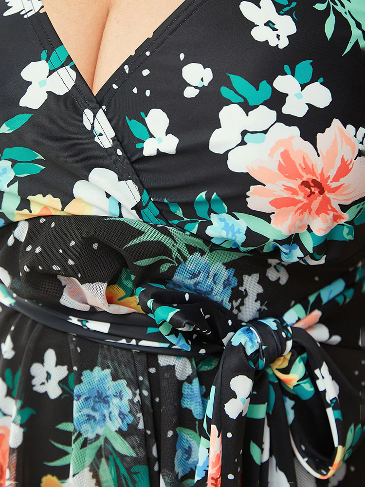 Floral Wrap Knot Front Mesh Ruffle Hem Swim Dress - Image 7