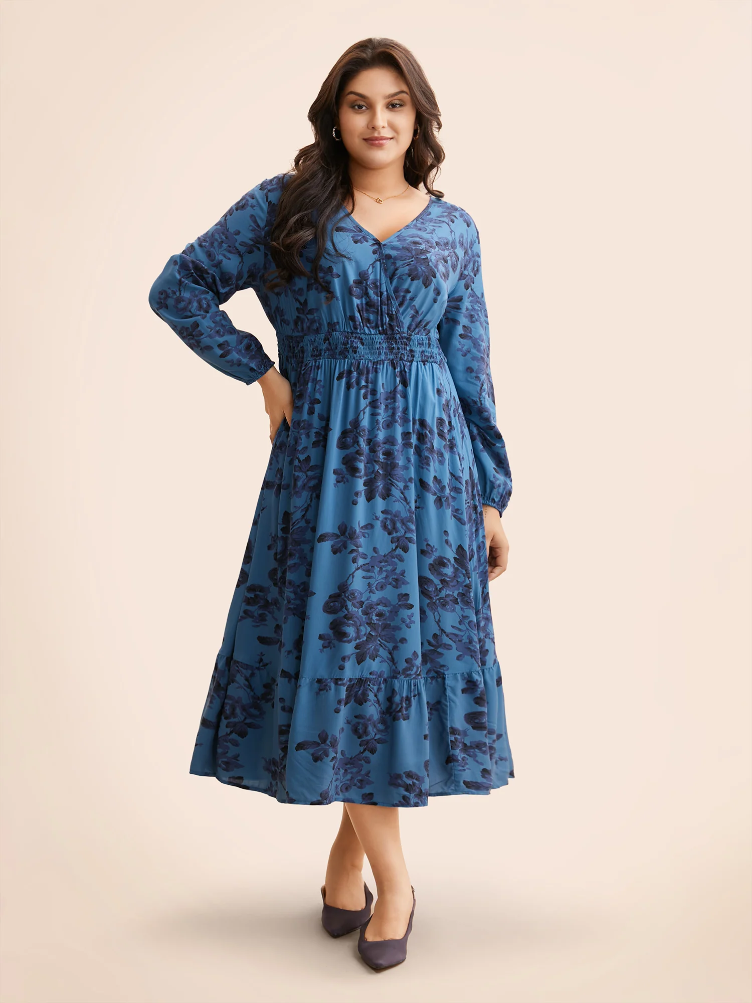 Floral Wrap Lantern Sleeve Pocket Shirred Ruffle Hem Dress - Image 2