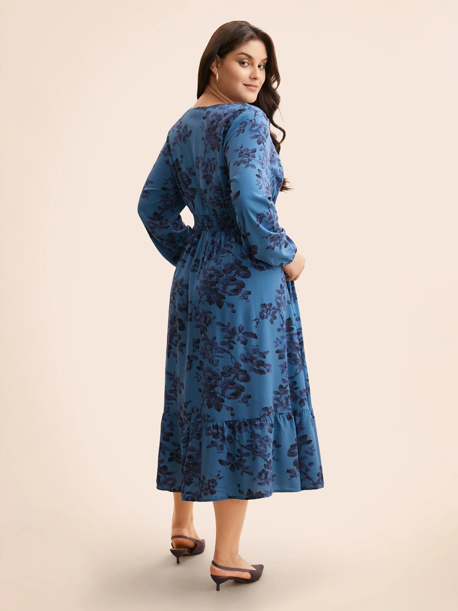 Floral Wrap Lantern Sleeve Pocket Shirred Ruffle Hem Dress - Image 3