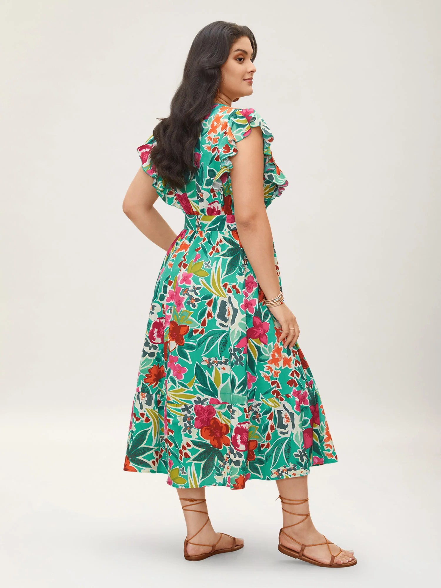 Floral Wrap Patchwork Ruffle Cap Sleeve Dress - Image 3