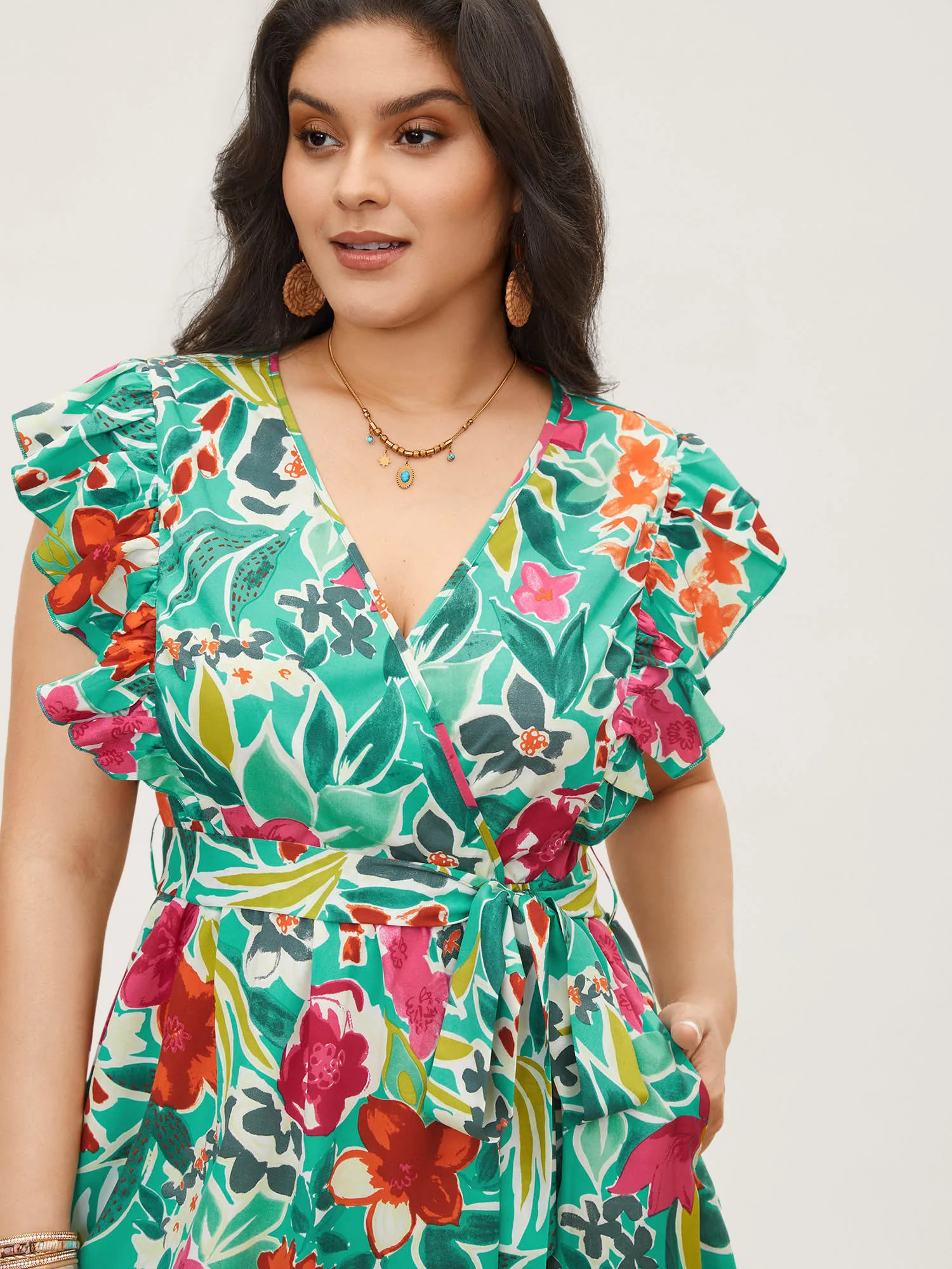 Floral Wrap Patchwork Ruffle Cap Sleeve Dress - Image 4