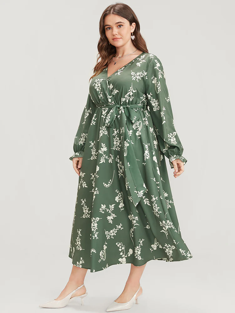 Floral Wrap Pocket Lantern Sleeve Belted Ruffle Dress - Image 2