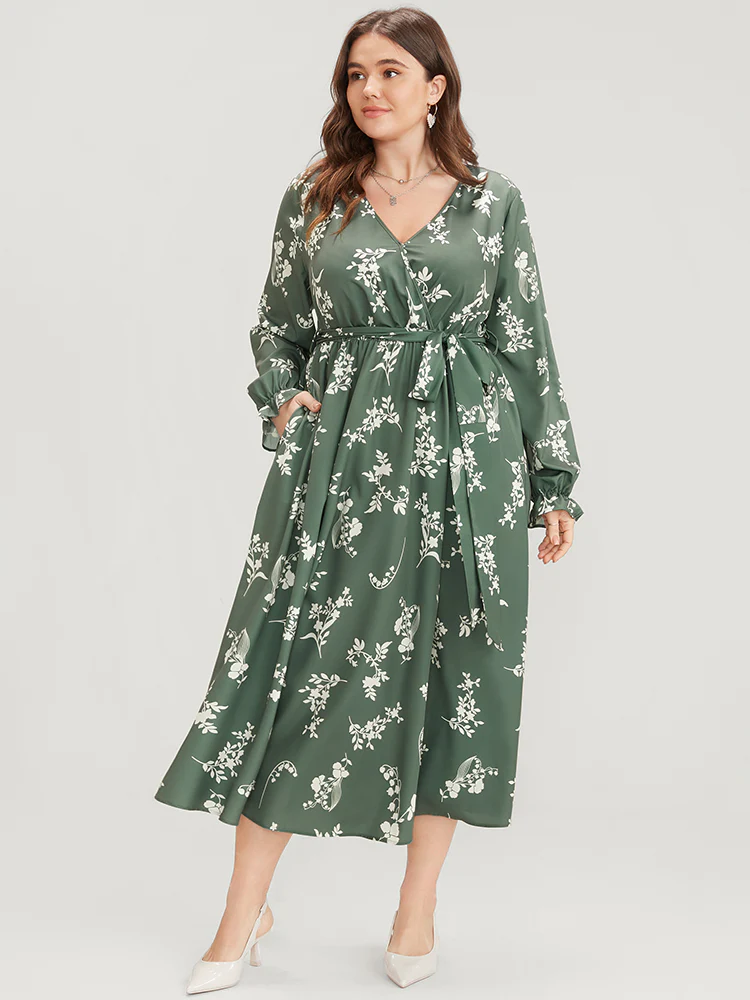 Floral Wrap Pocket Lantern Sleeve Belted Ruffle Dress - Image 3