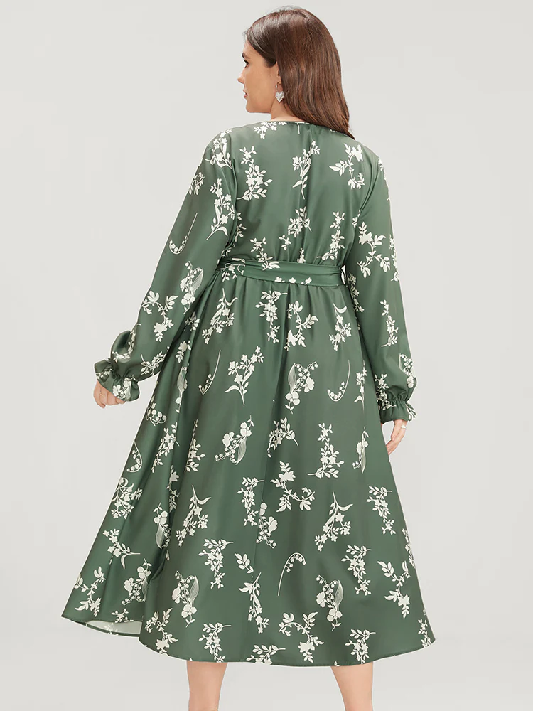 Floral Wrap Pocket Lantern Sleeve Belted Ruffle Dress - Image 5