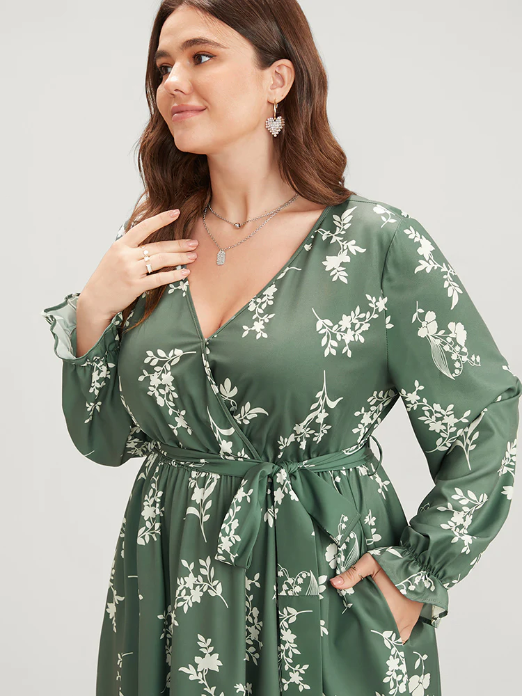 Floral Wrap Pocket Lantern Sleeve Belted Ruffle Dress - Image 6