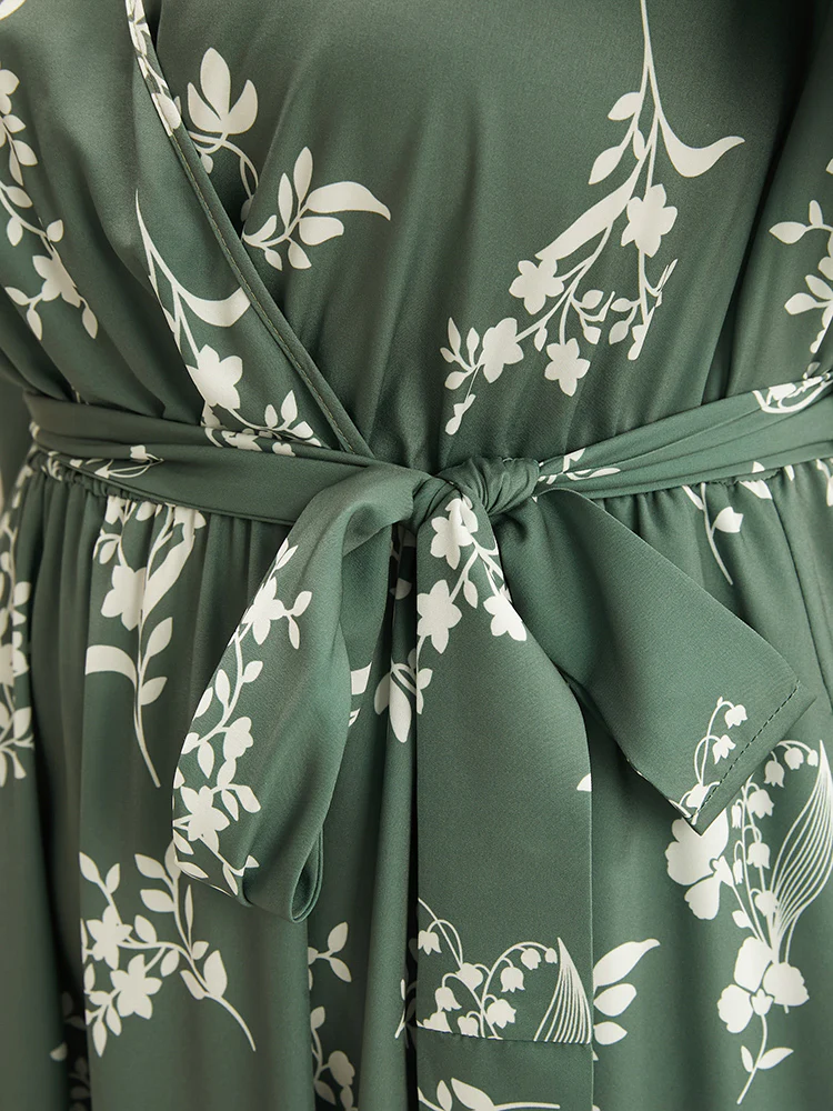 Floral Wrap Pocket Lantern Sleeve Belted Ruffle Dress - Image 7