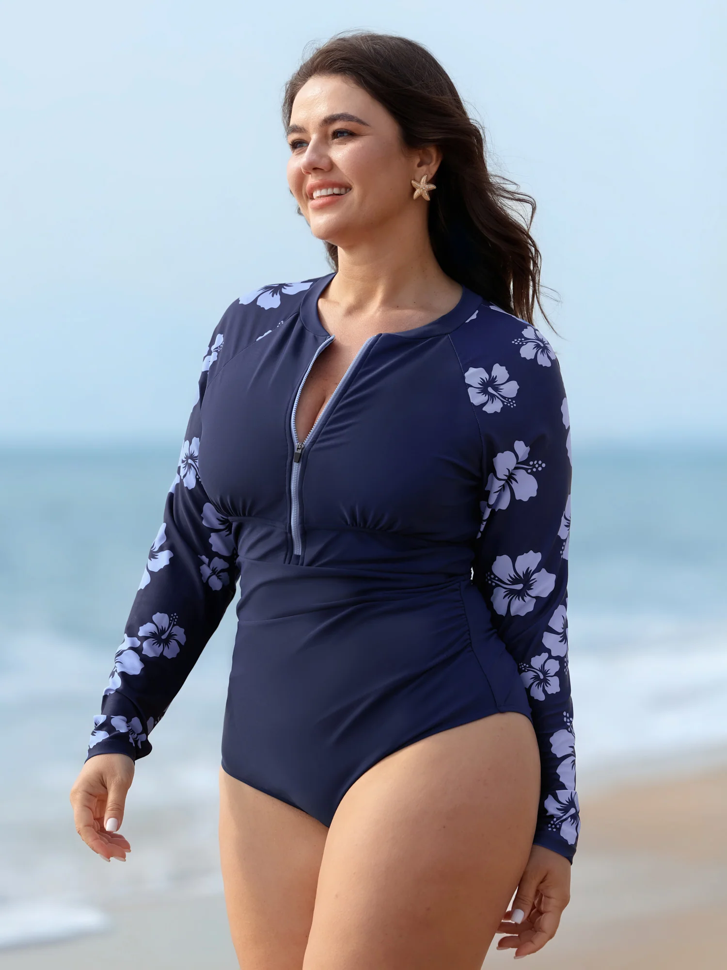 Floral Zipper Color Contrast One Piece Swimsuit - Image 4