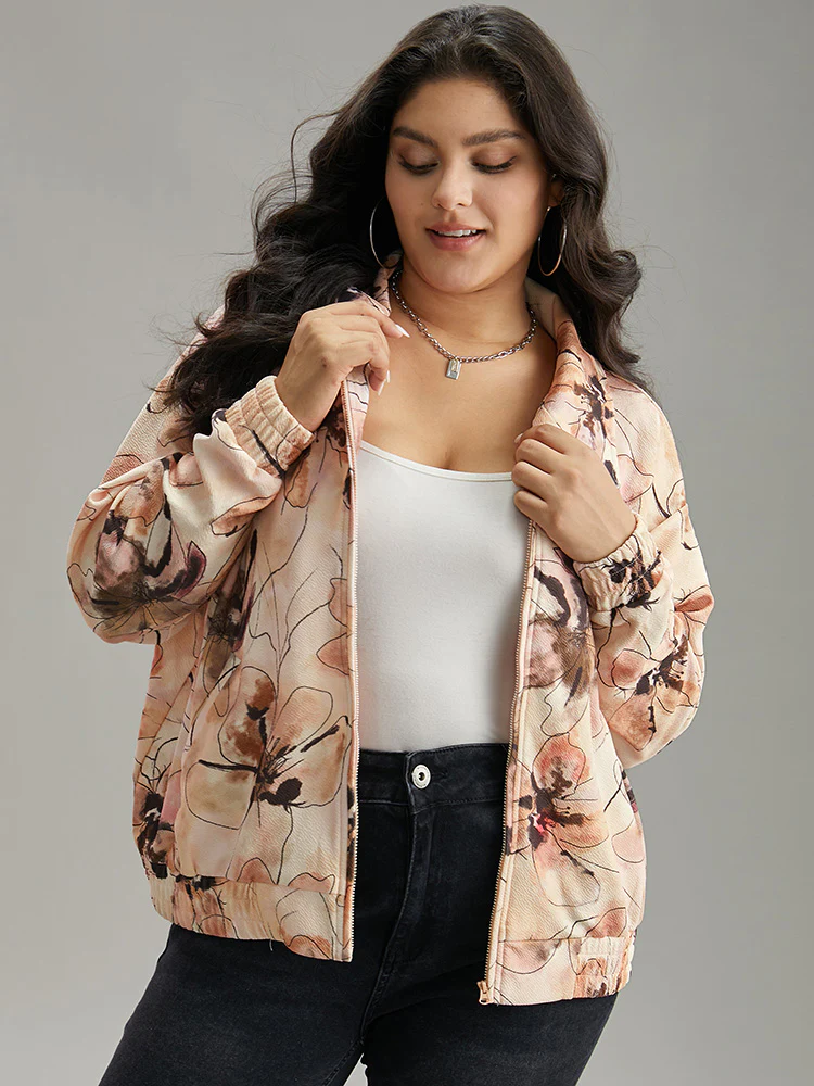 Floral Zipper Gathered Elastic Cuffs Jacket - Image 2