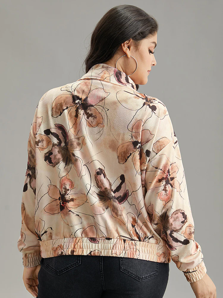 Floral Zipper Gathered Elastic Cuffs Jacket - Image 3