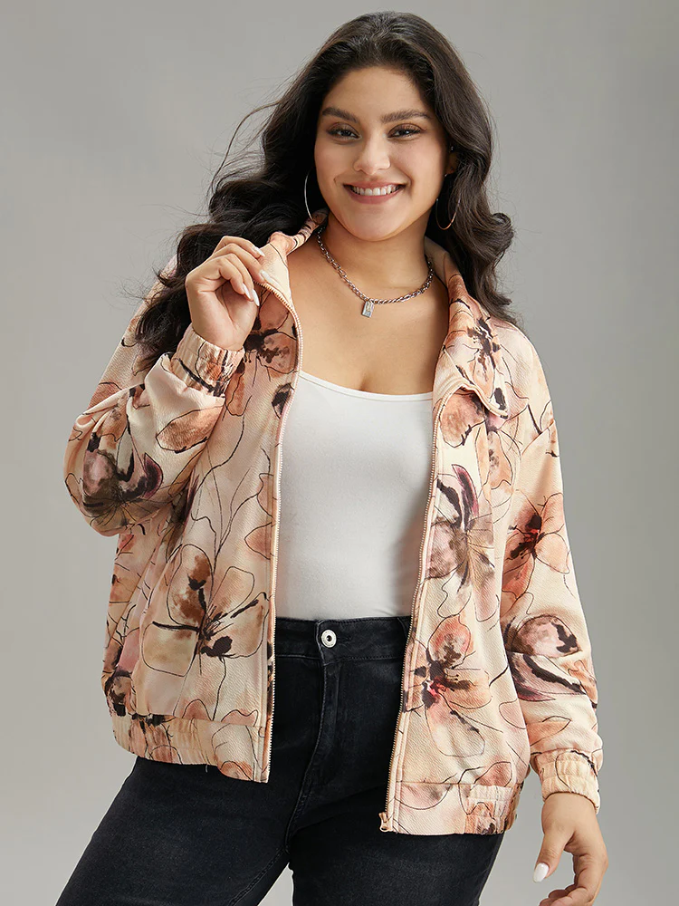 Floral Zipper Gathered Elastic Cuffs Jacket - Image 5