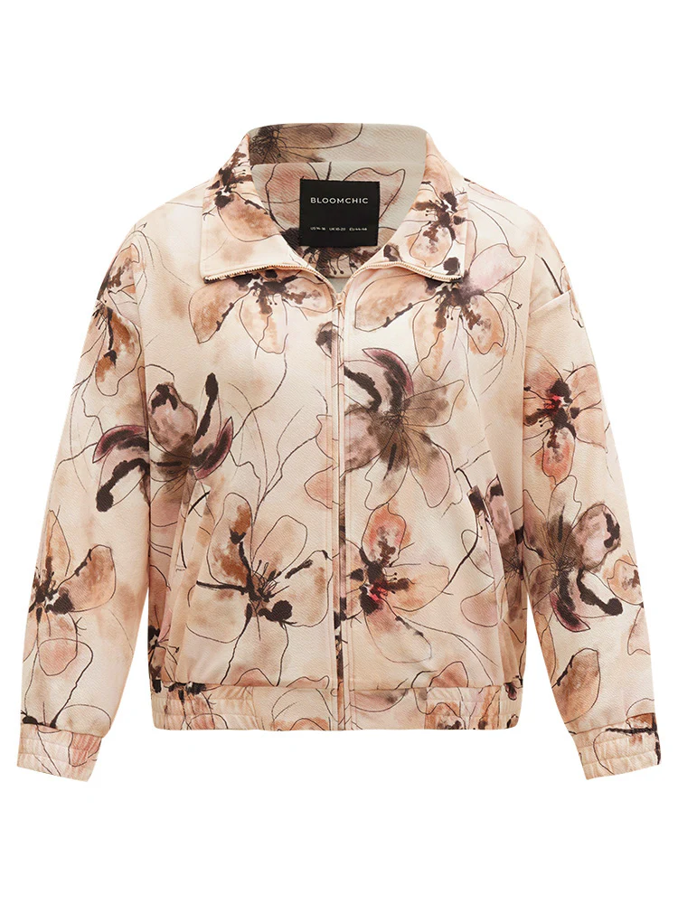 Floral Zipper Gathered Elastic Cuffs Jacket - Image 9