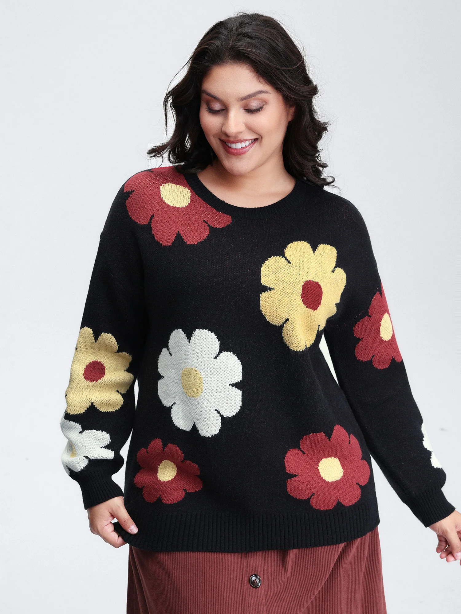 Flower Pattern Jacquard Crew Neck Pullover - Image 2