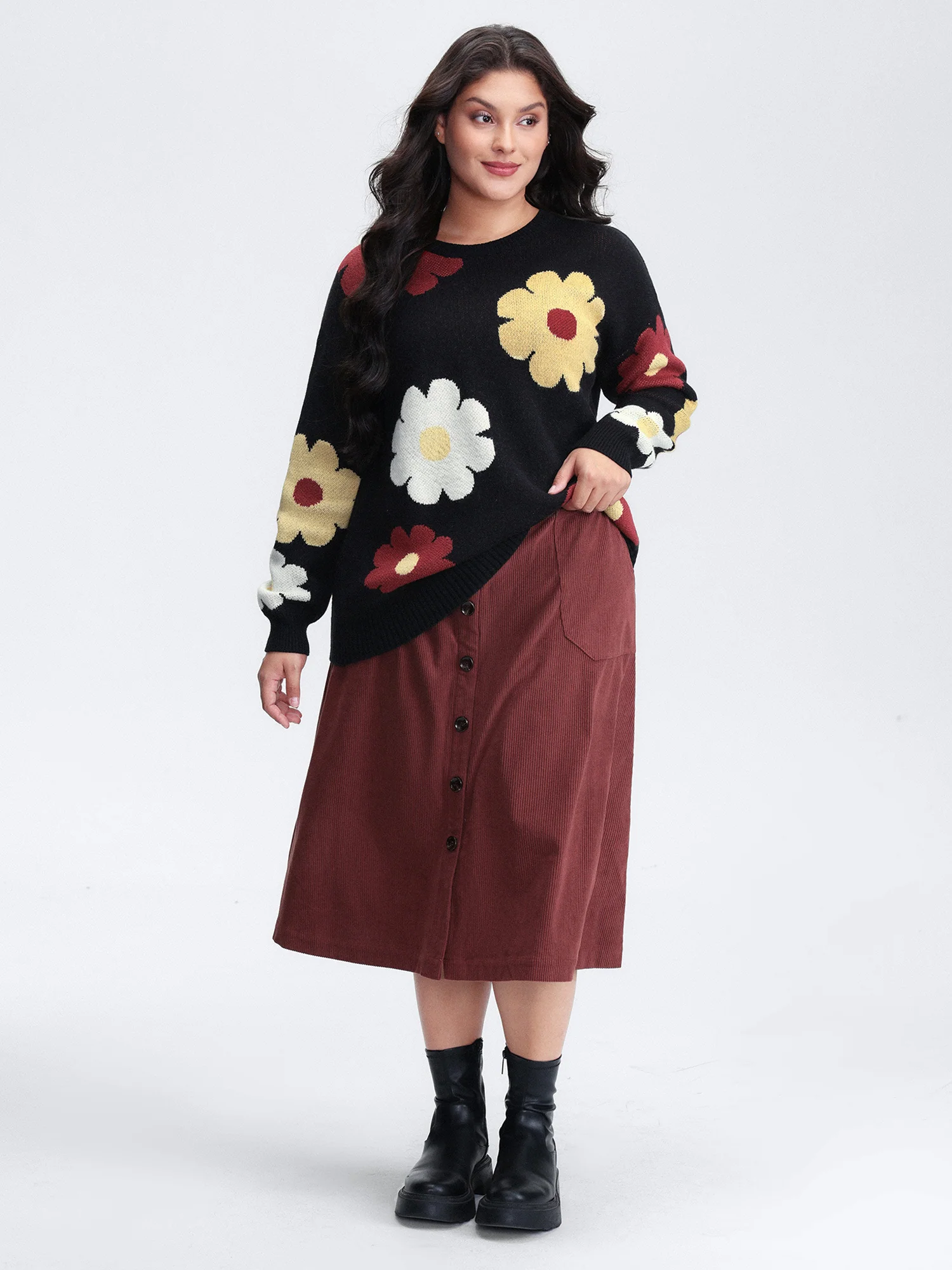 Flower Pattern Jacquard Crew Neck Pullover - Image 3