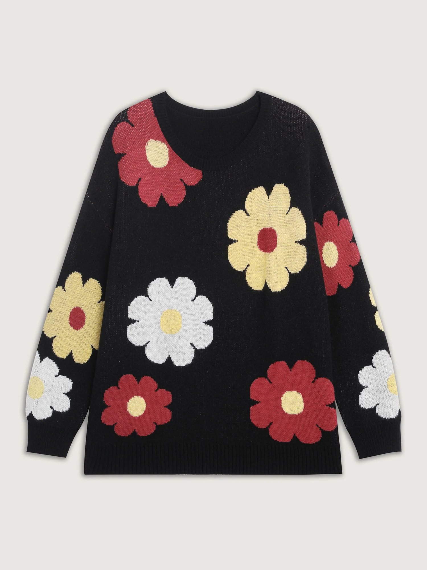 Flower Pattern Jacquard Crew Neck Pullover - Image 7
