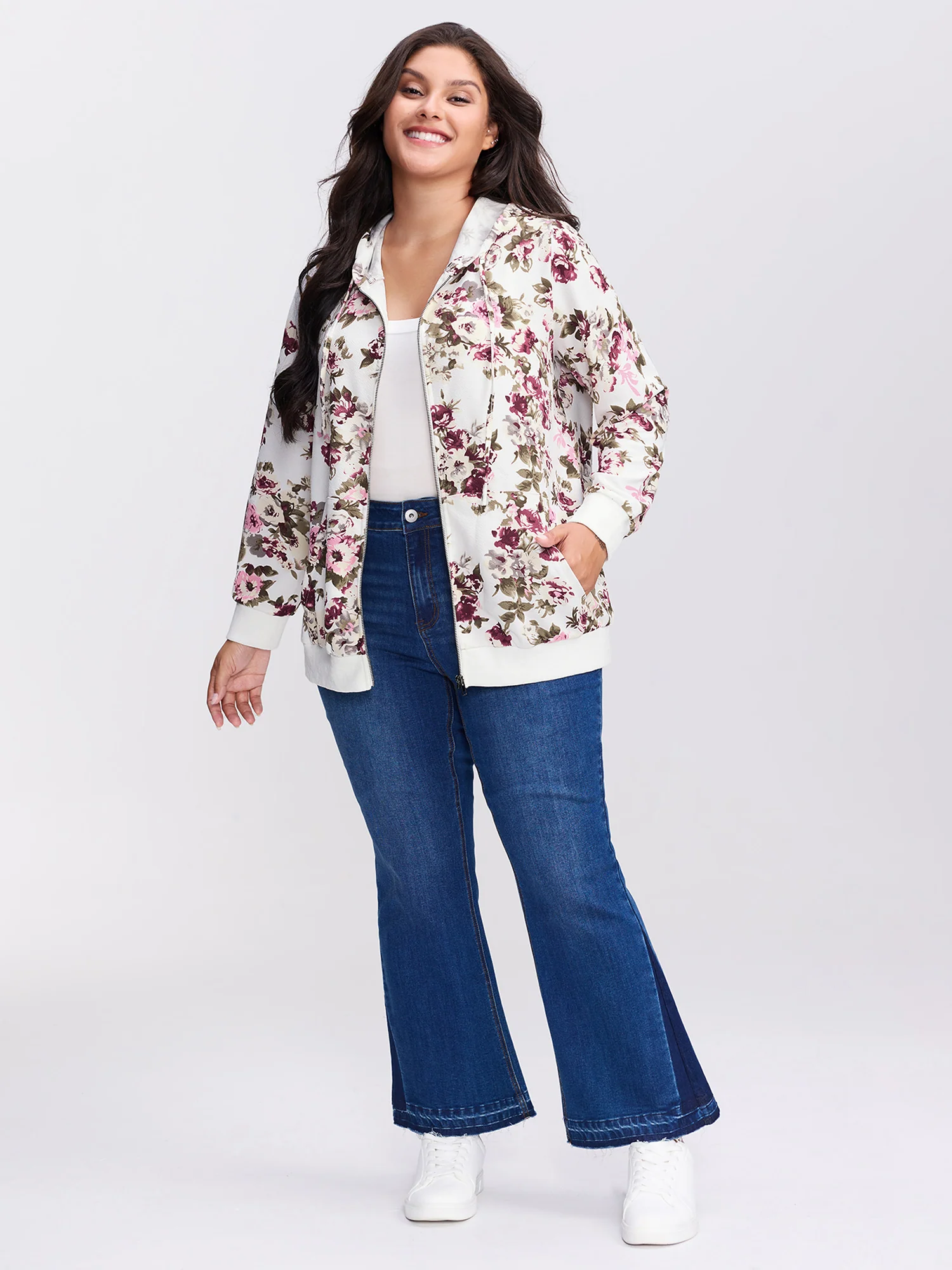 Flower Print Pockets Zipper Jacket - Image 3
