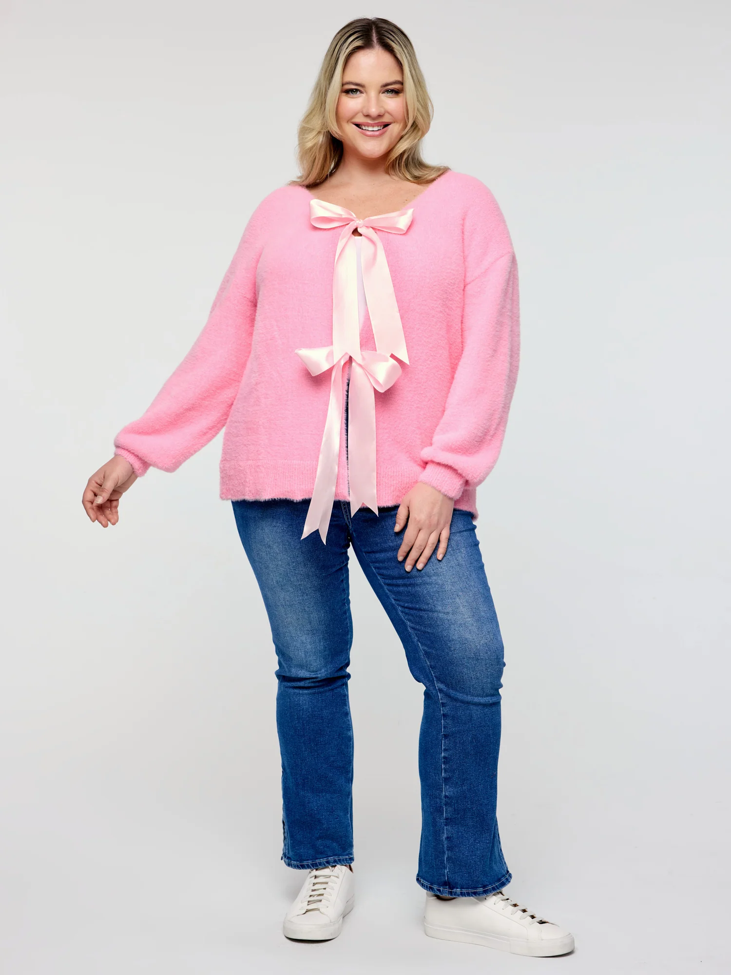 Fluffy Ribbon Bowtie Knit Cardigan - Image 3