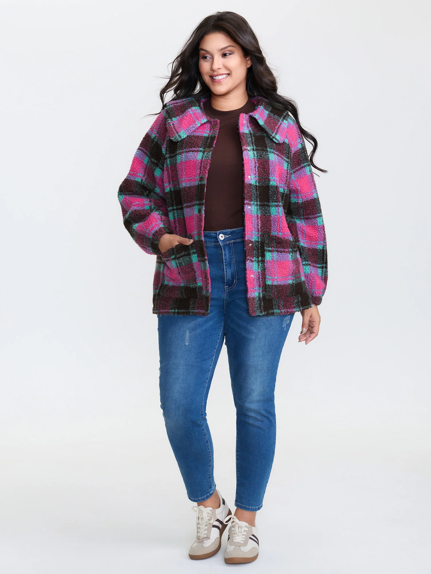 Fluffy Texture Plaid Button-Front Coat - Image 2