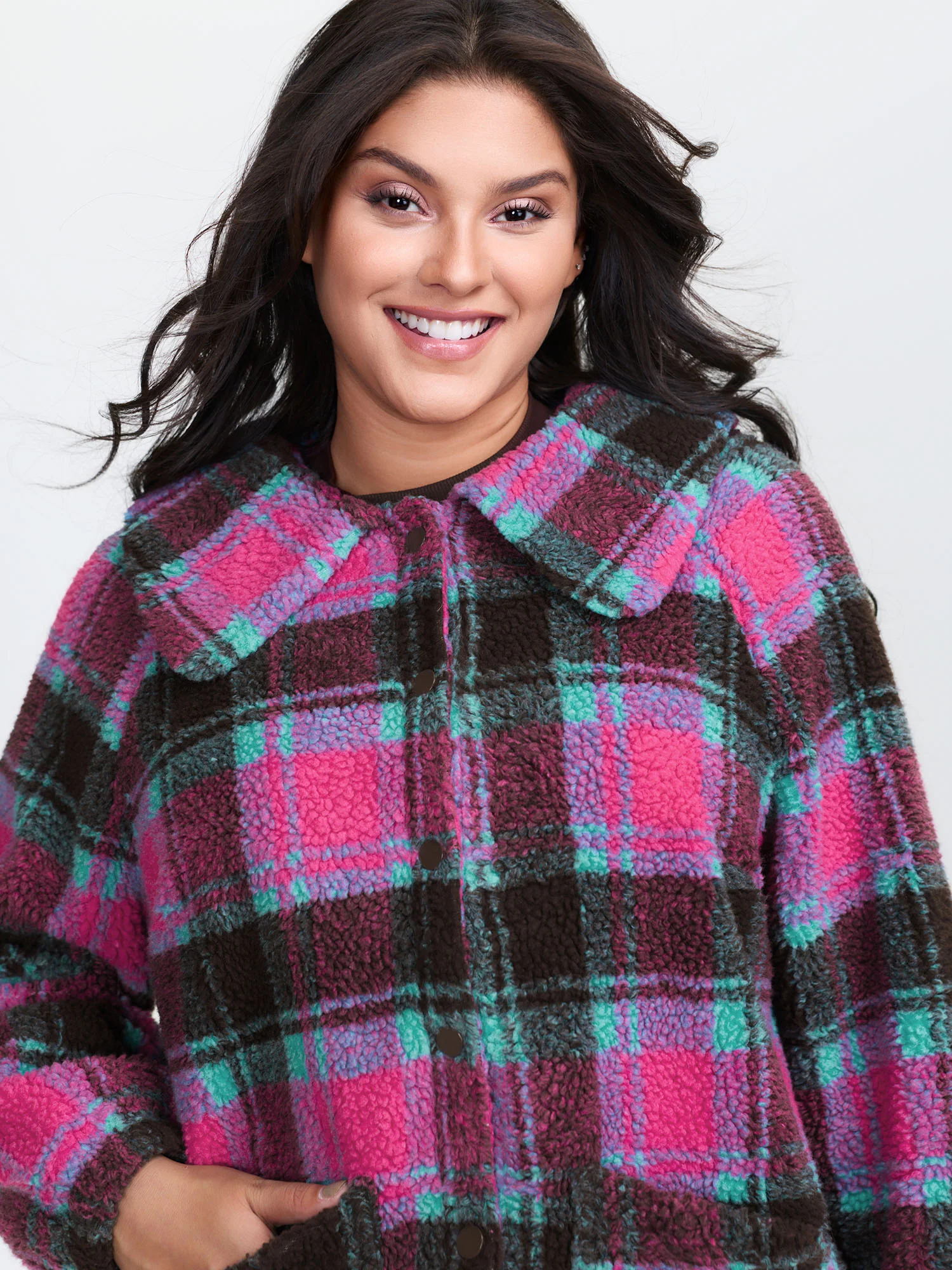 Fluffy Texture Plaid Button-Front Coat - Image 3