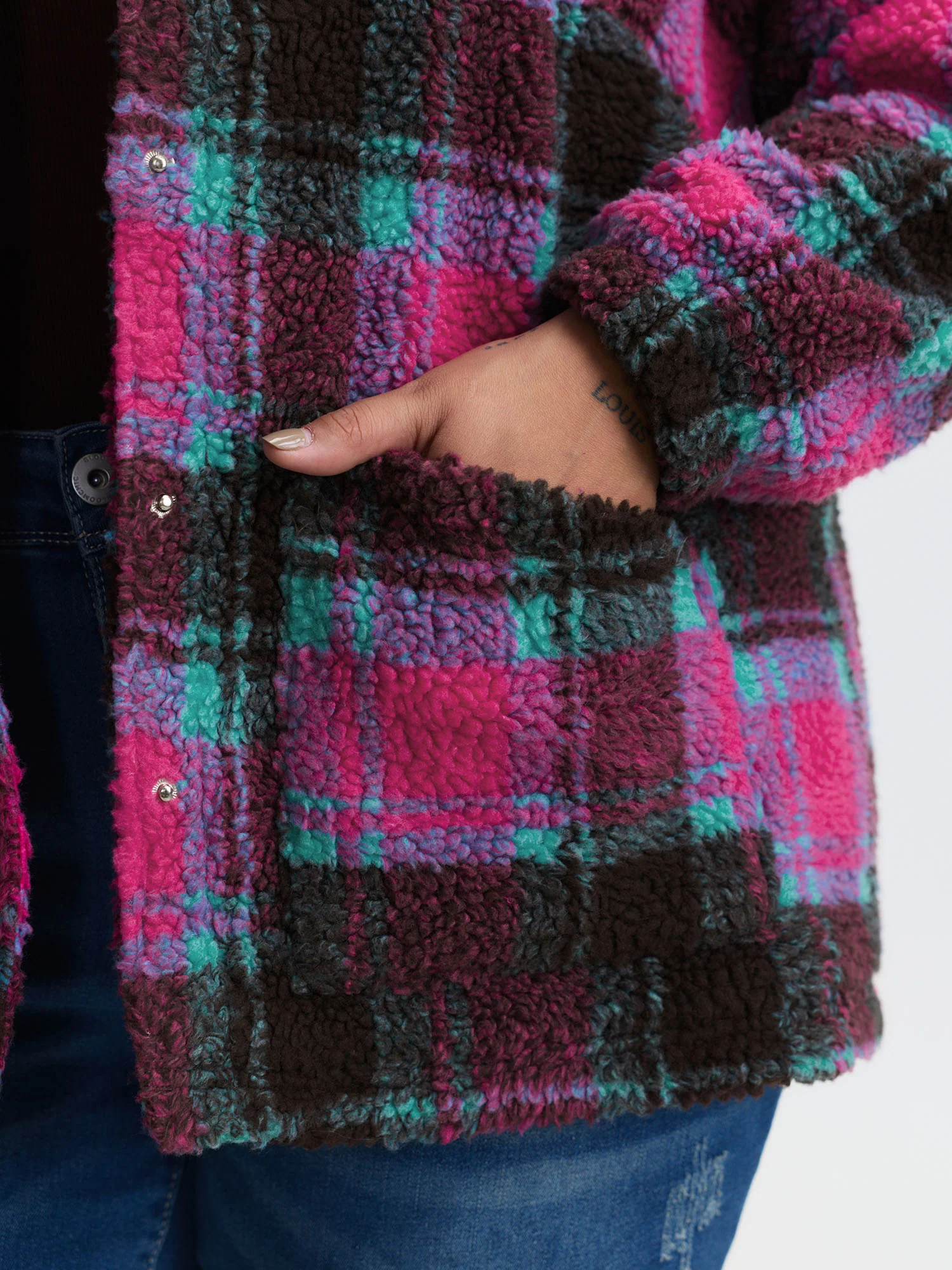 Fluffy Texture Plaid Button-Front Coat - Image 4