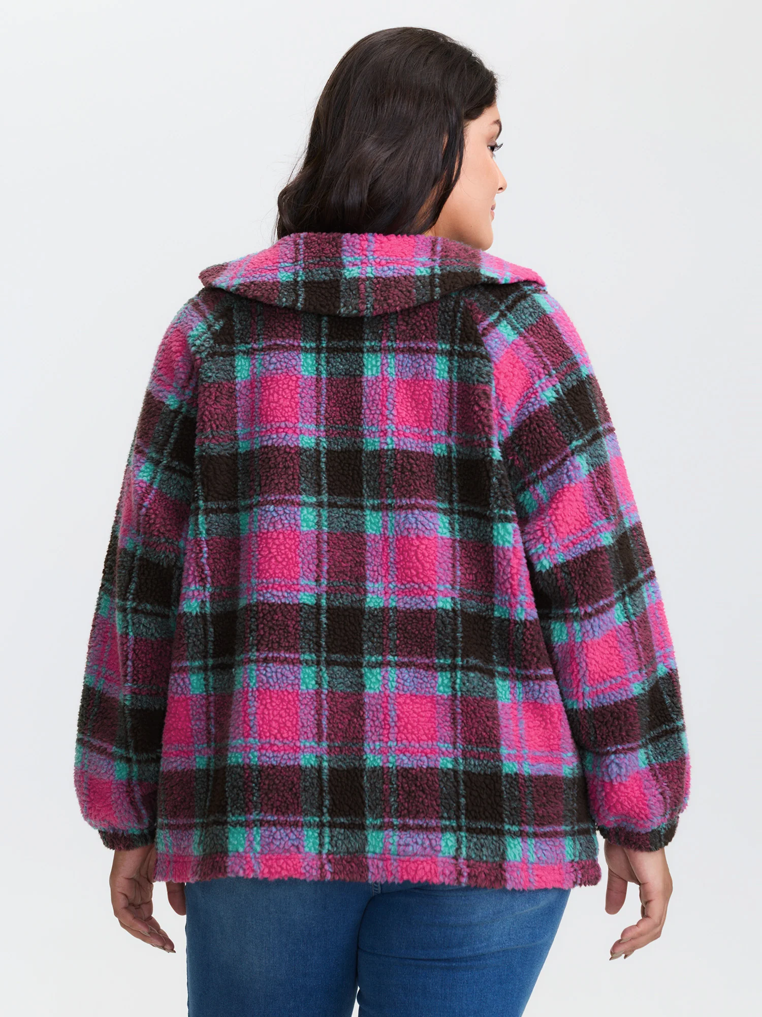 Fluffy Texture Plaid Button-Front Coat - Image 5