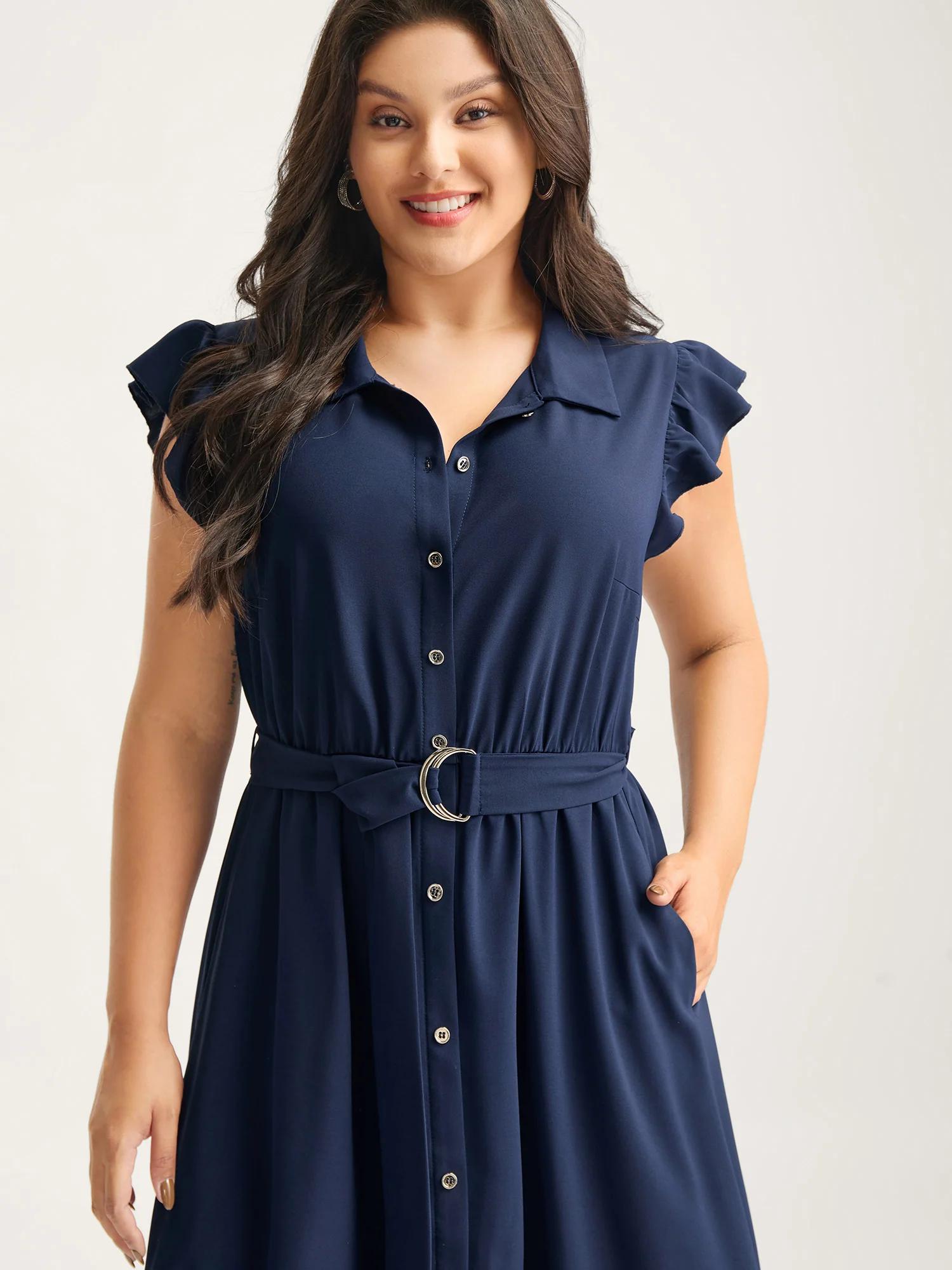 Flutter Sleeve Belted Shirt Dress - Image 2