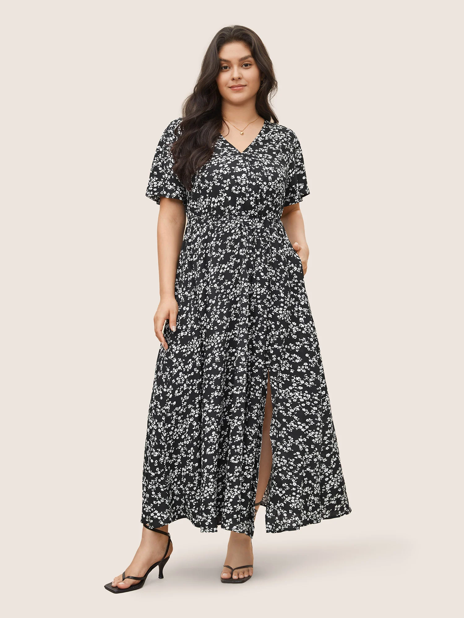 Bloom Dress - Flutter Sleeve Ditsy Floral Pocket Split Maxi Dress - Image 34