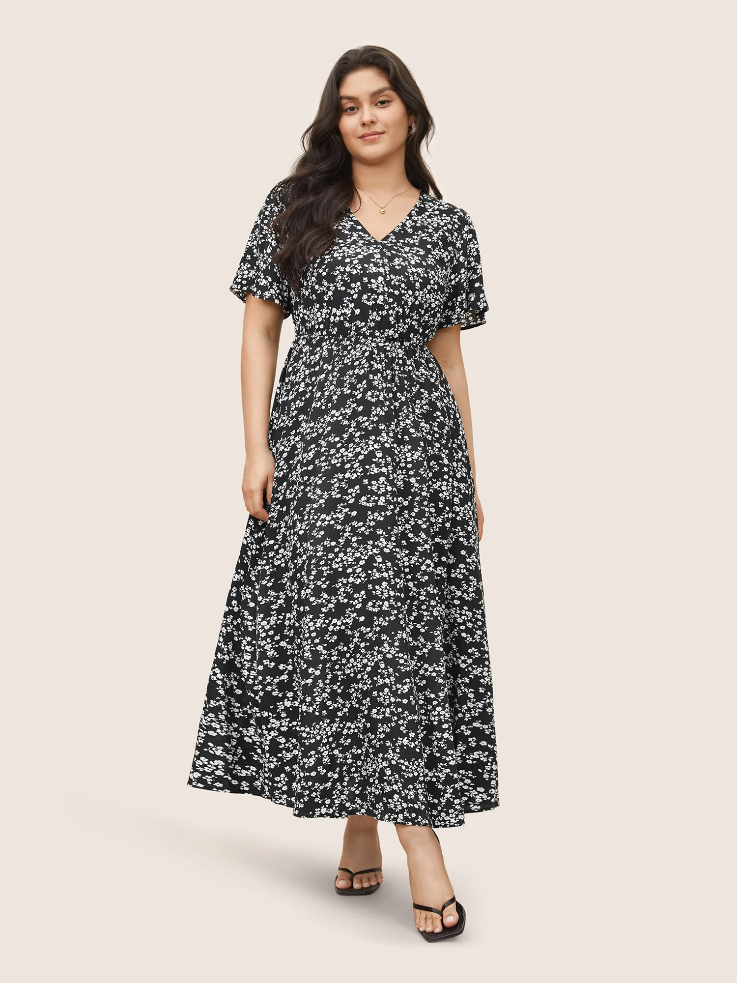 Bloom Dress - Flutter Sleeve Ditsy Floral Pocket Split Maxi Dress - Image 35