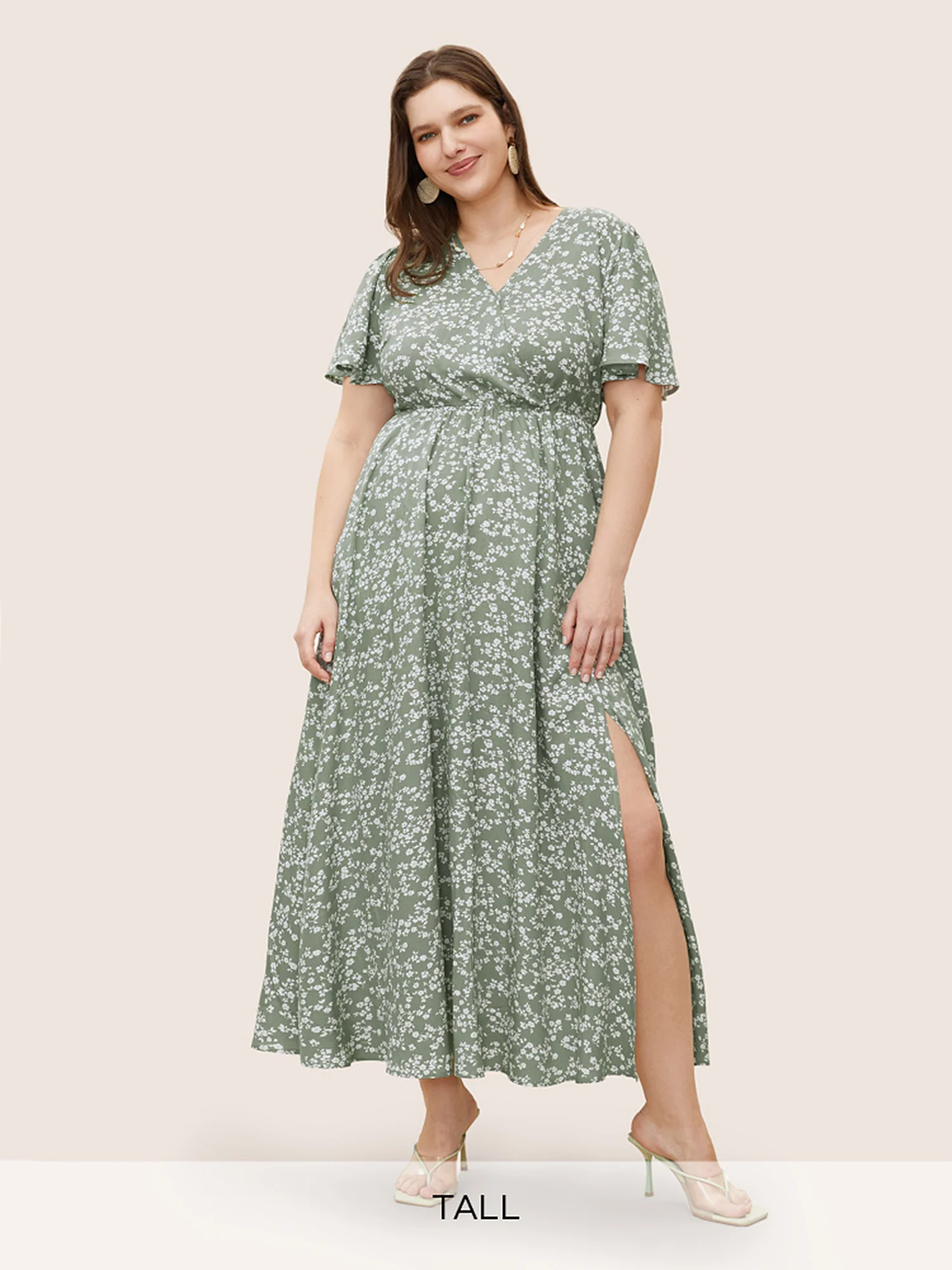 Bloom Dress - Flutter Sleeve Ditsy Floral Pocket Split Maxi Dress - Image 41