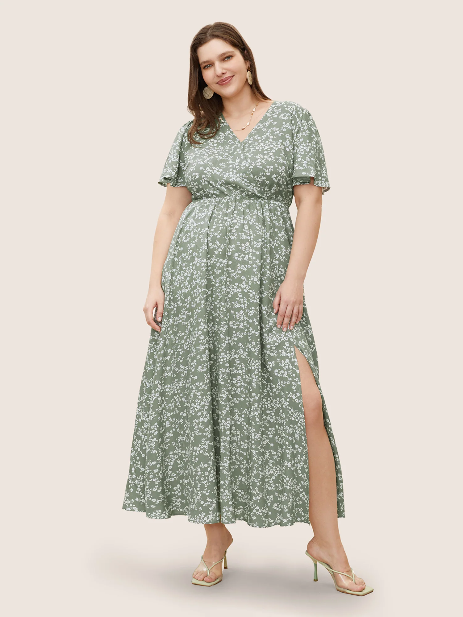 Bloom Dress - Flutter Sleeve Ditsy Floral Pocket Split Maxi Dress - Image 42