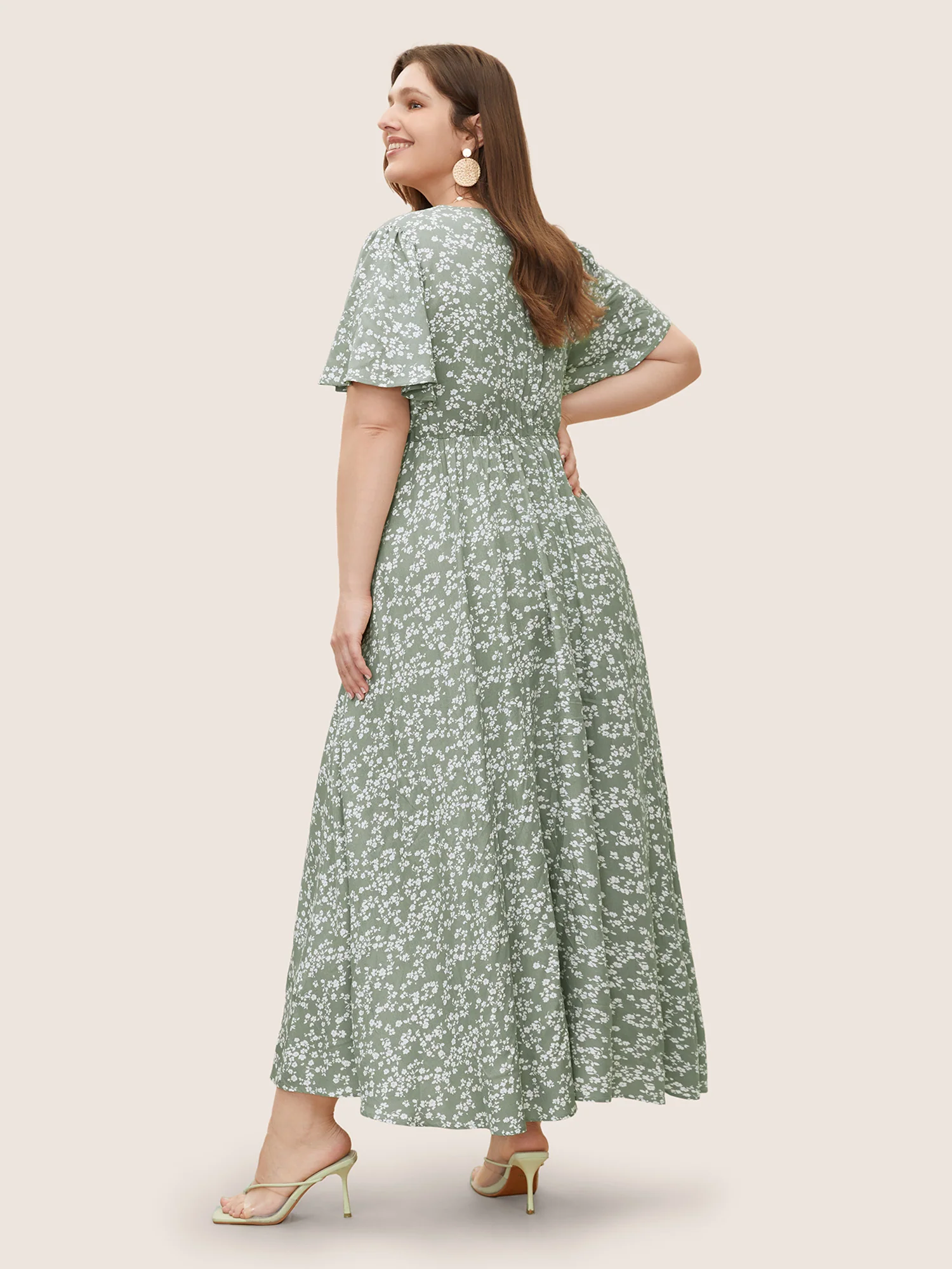 Bloom Dress - Flutter Sleeve Ditsy Floral Pocket Split Maxi Dress - Image 43