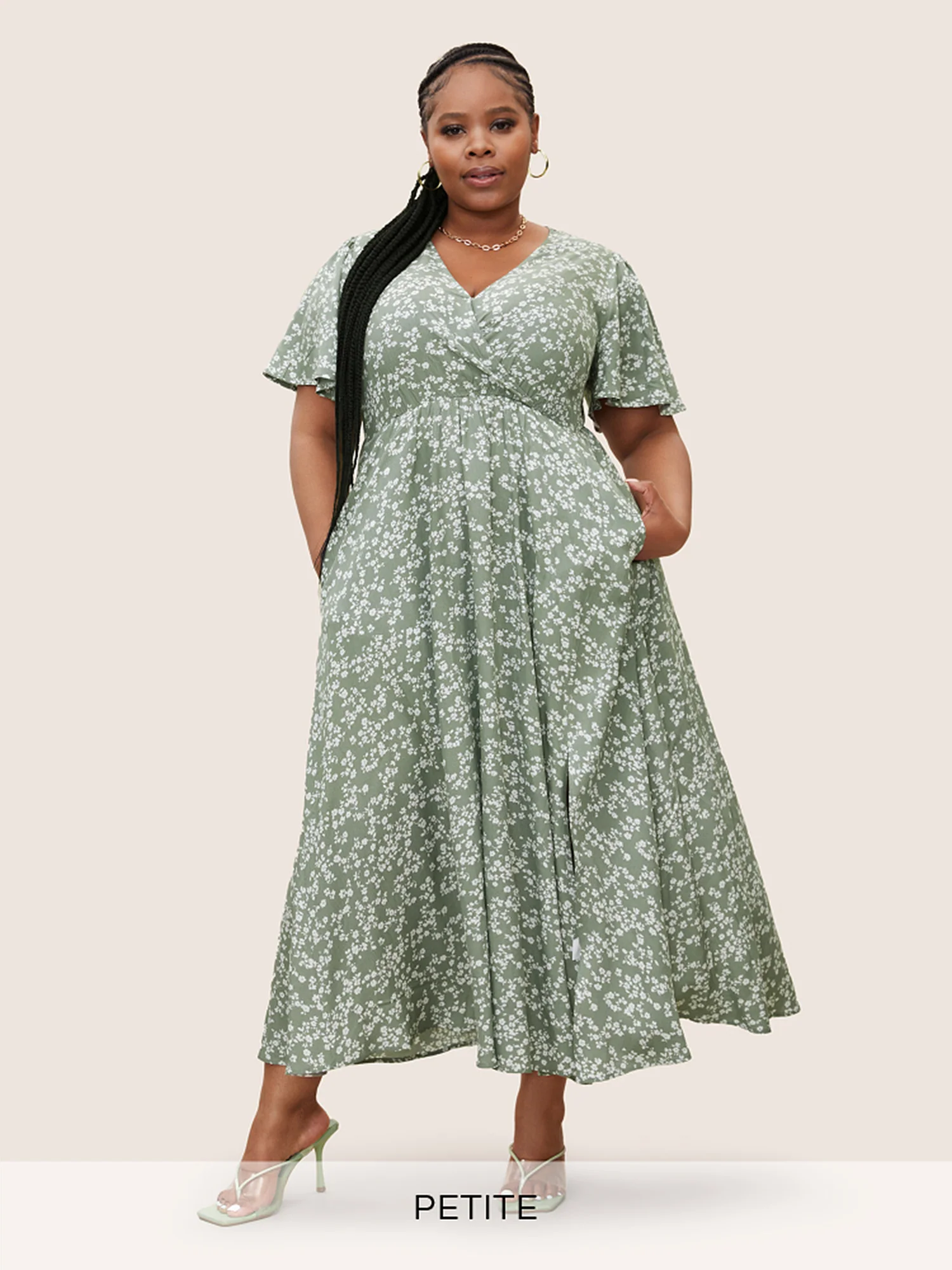 Bloom Dress - Flutter Sleeve Ditsy Floral Pocket Split Maxi Dress - Image 47
