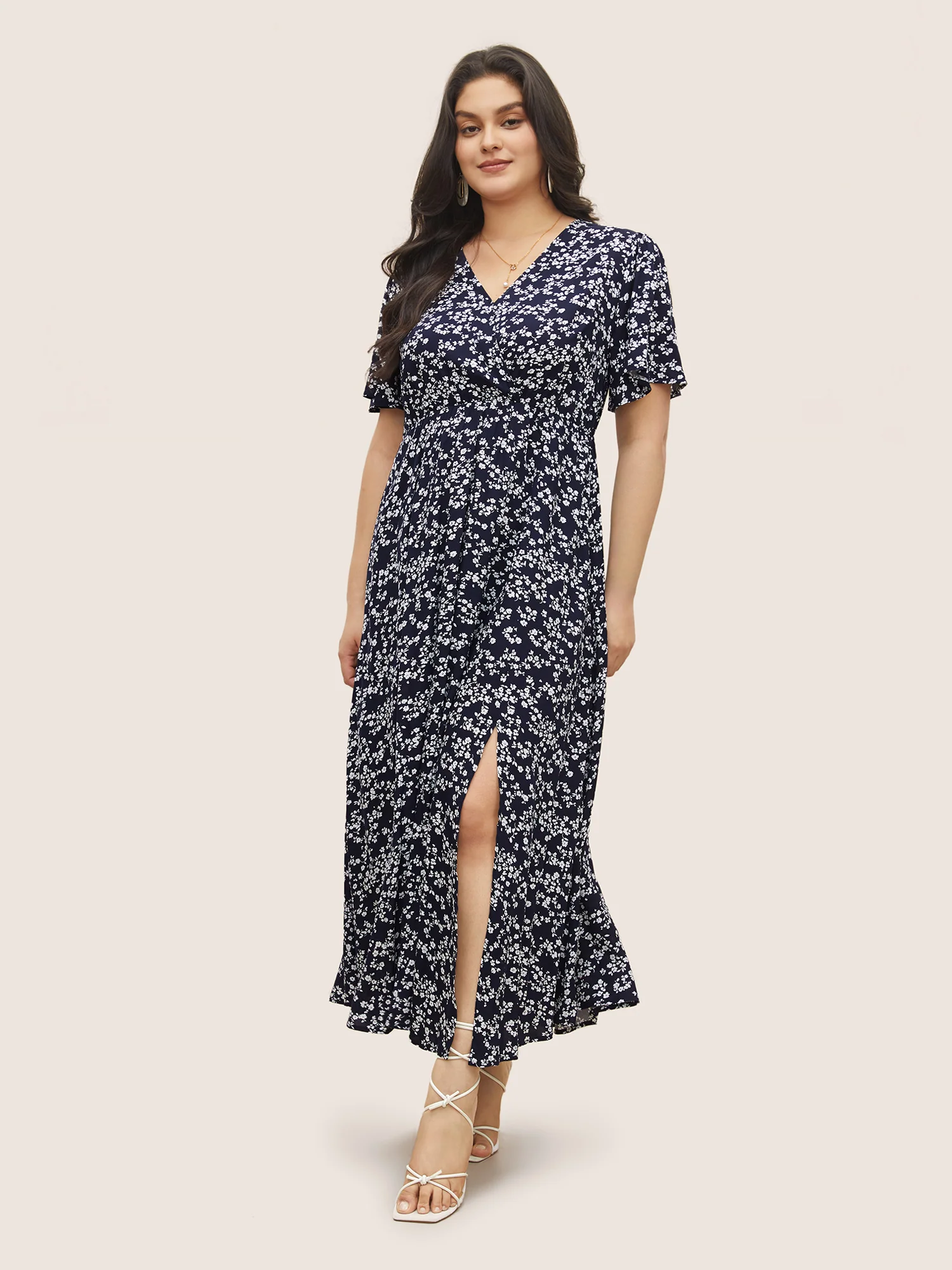 Bloom Dress - Flutter Sleeve Ditsy Floral Pocket Split Maxi Dress - Image 9