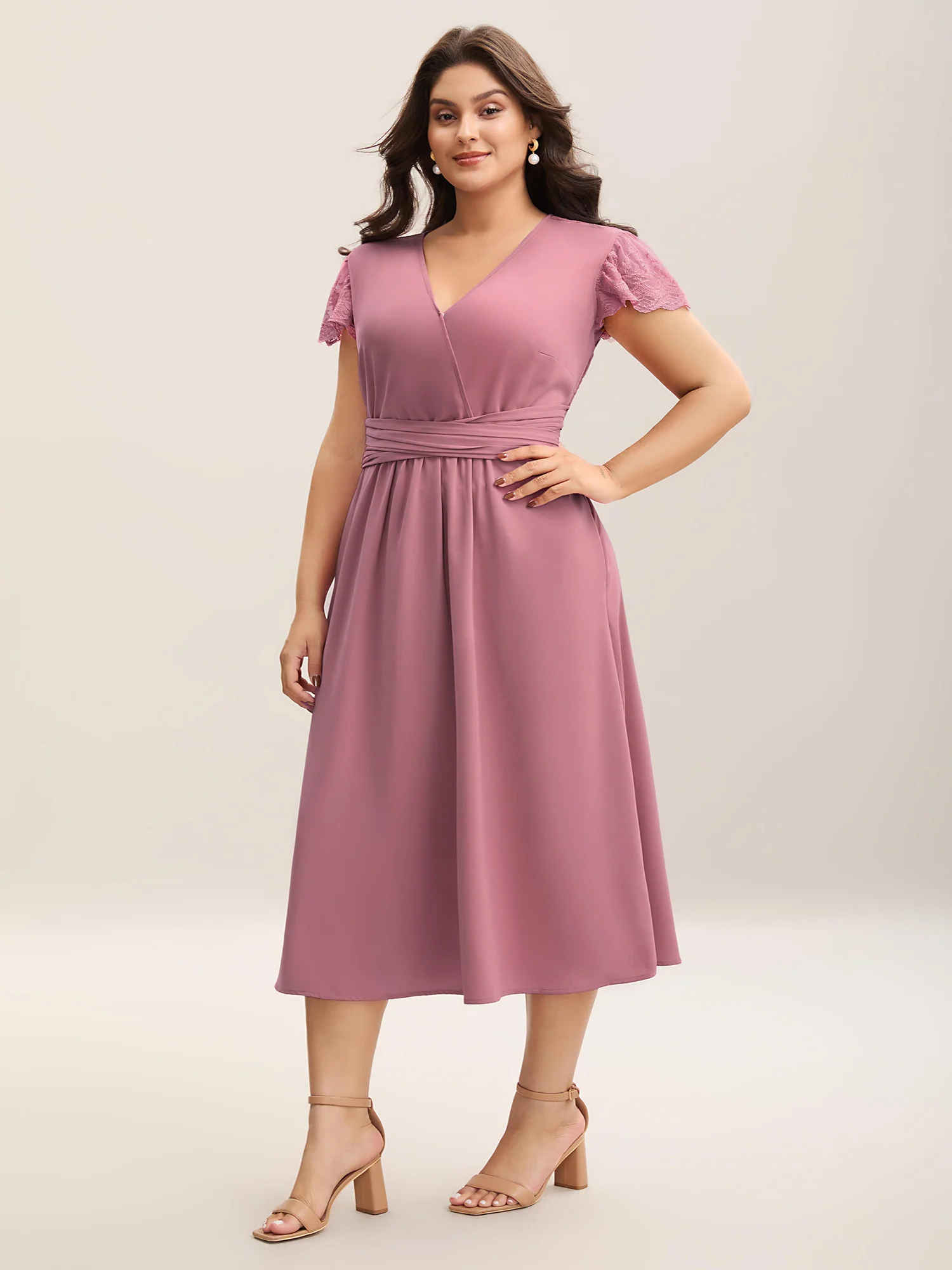 Flutter Sleeve Lace Stretchy Waist Midi Dress - Image 3