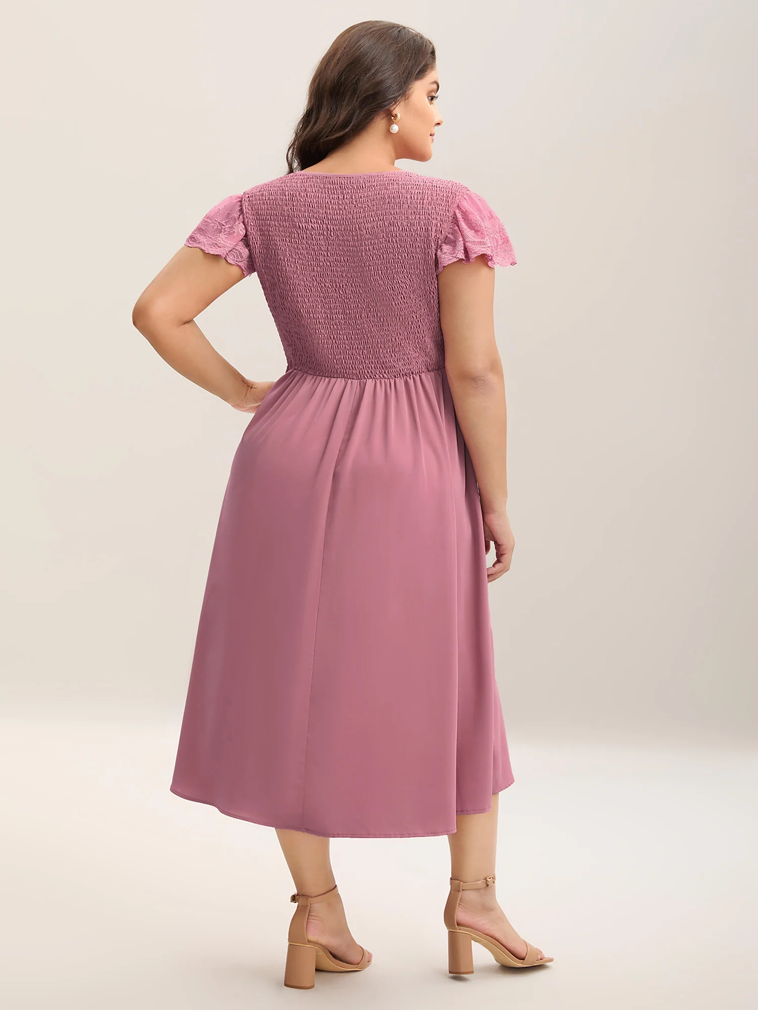 Flutter Sleeve Lace Stretchy Waist Midi Dress - Image 4