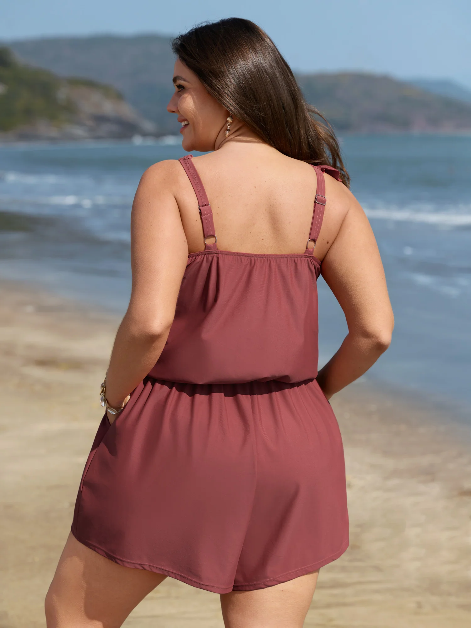Flutter Sleeve Pockets Plain Swim Romper - Image 4