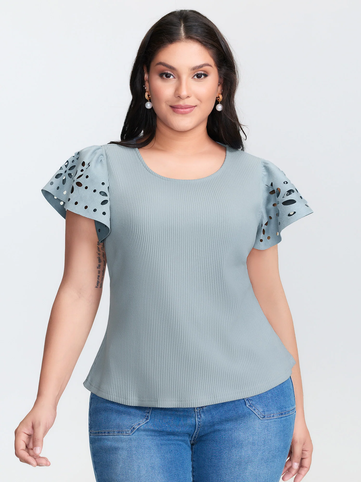 Flutter Sleeve Round Neck Knit Top - Image 2