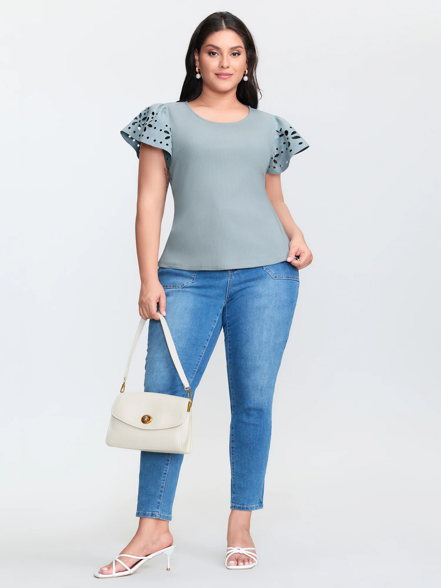 Flutter Sleeve Round Neck Knit Top - Image 3