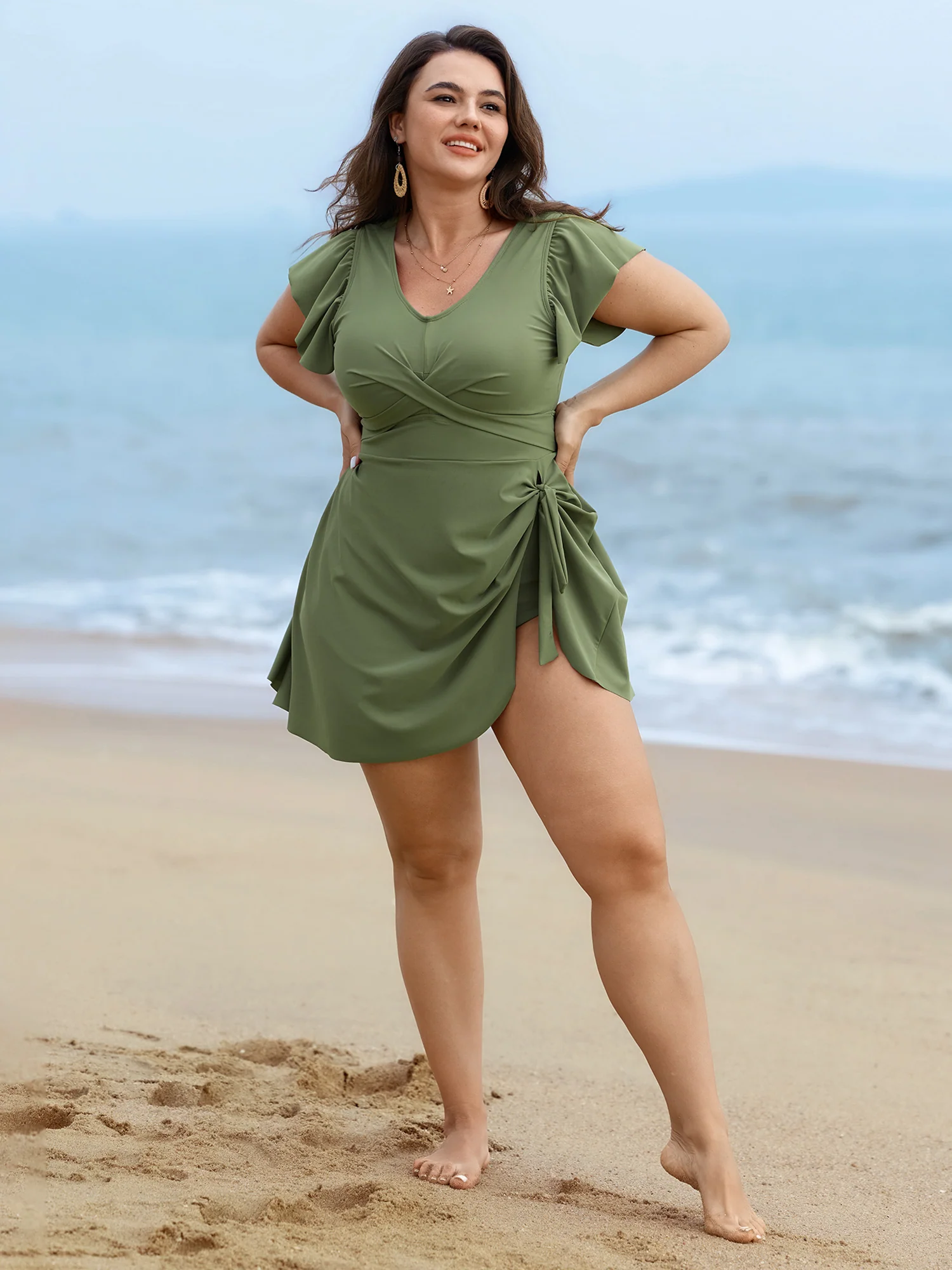 Flutter Sleeve Twist Front Button Swim Dress - Image 2