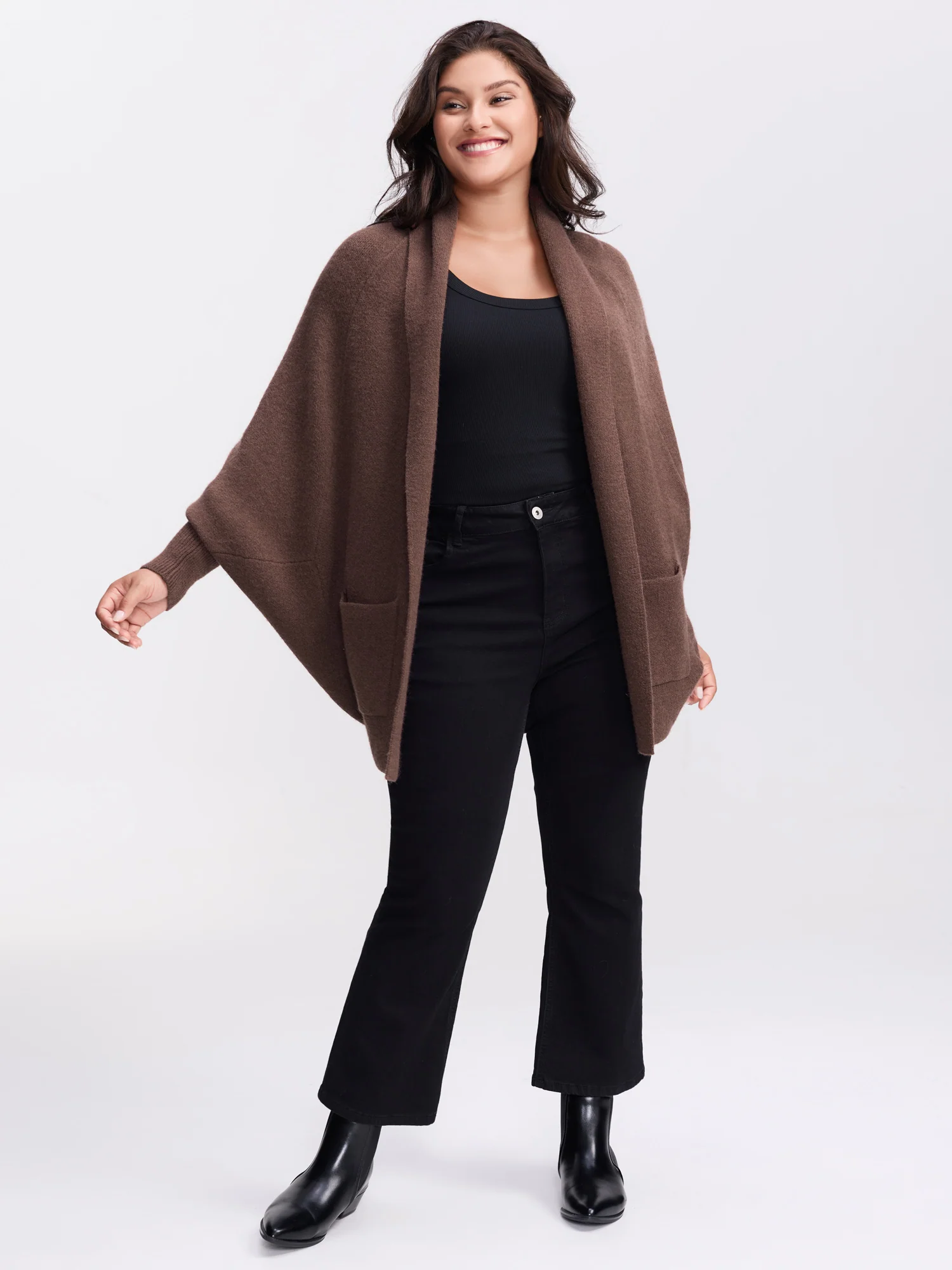 Folded Collar Dolman Sleeve Knit Cardigan - Image 3