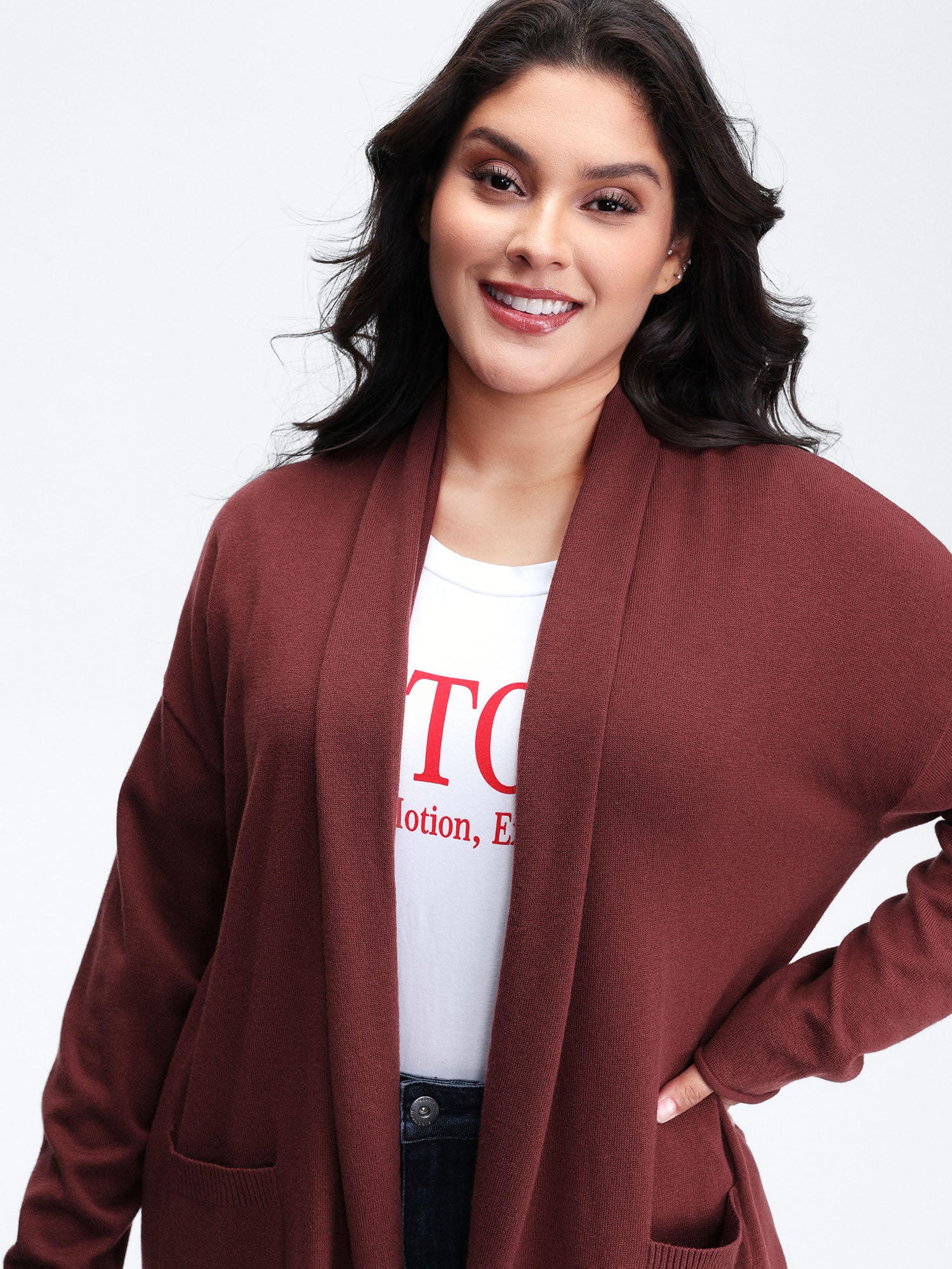 Supersoft Folded Collar Pocket Open-Front Knit Cardigan - Image 2