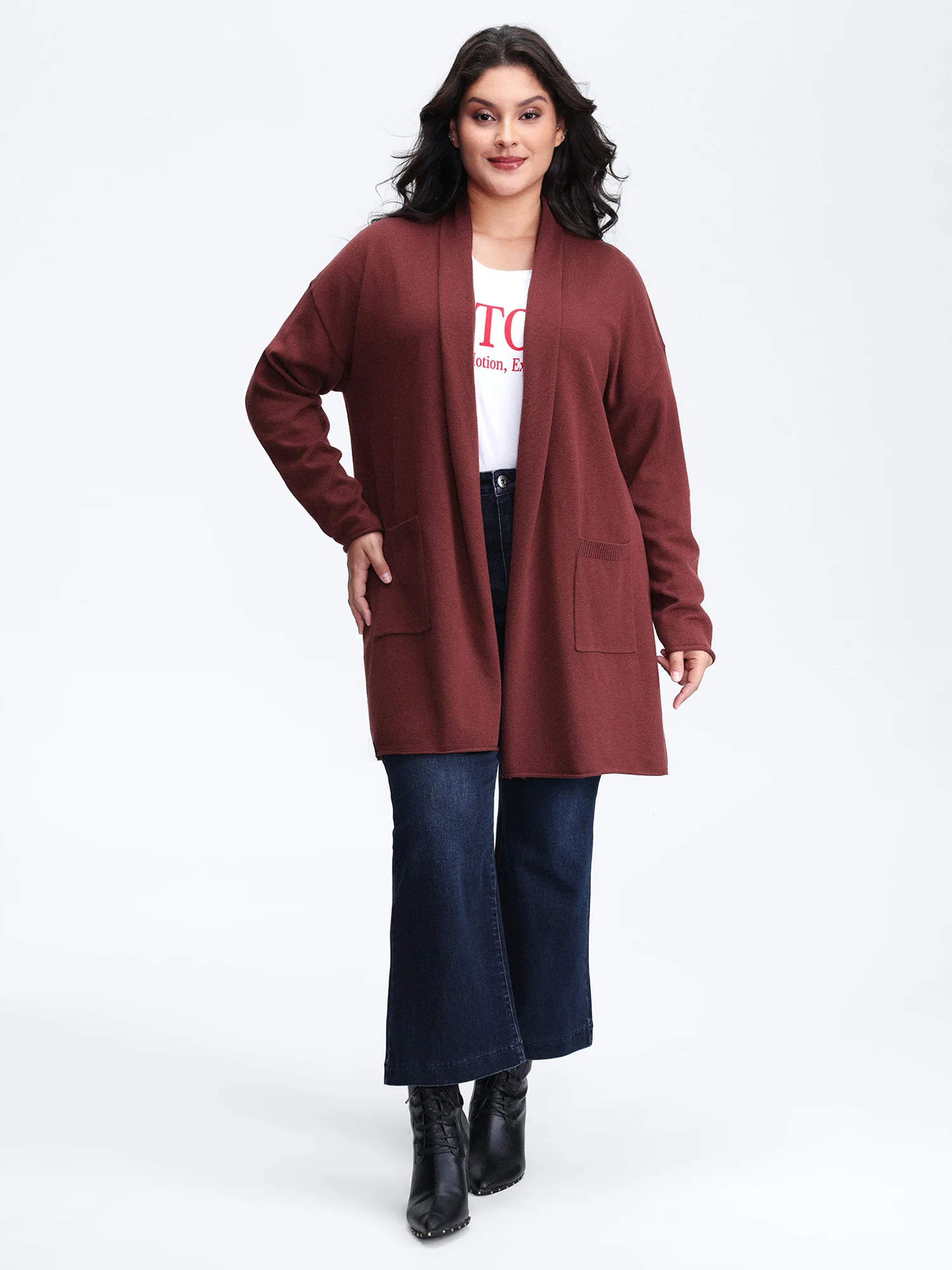 Supersoft Folded Collar Pocket Open-Front Knit Cardigan - Image 3