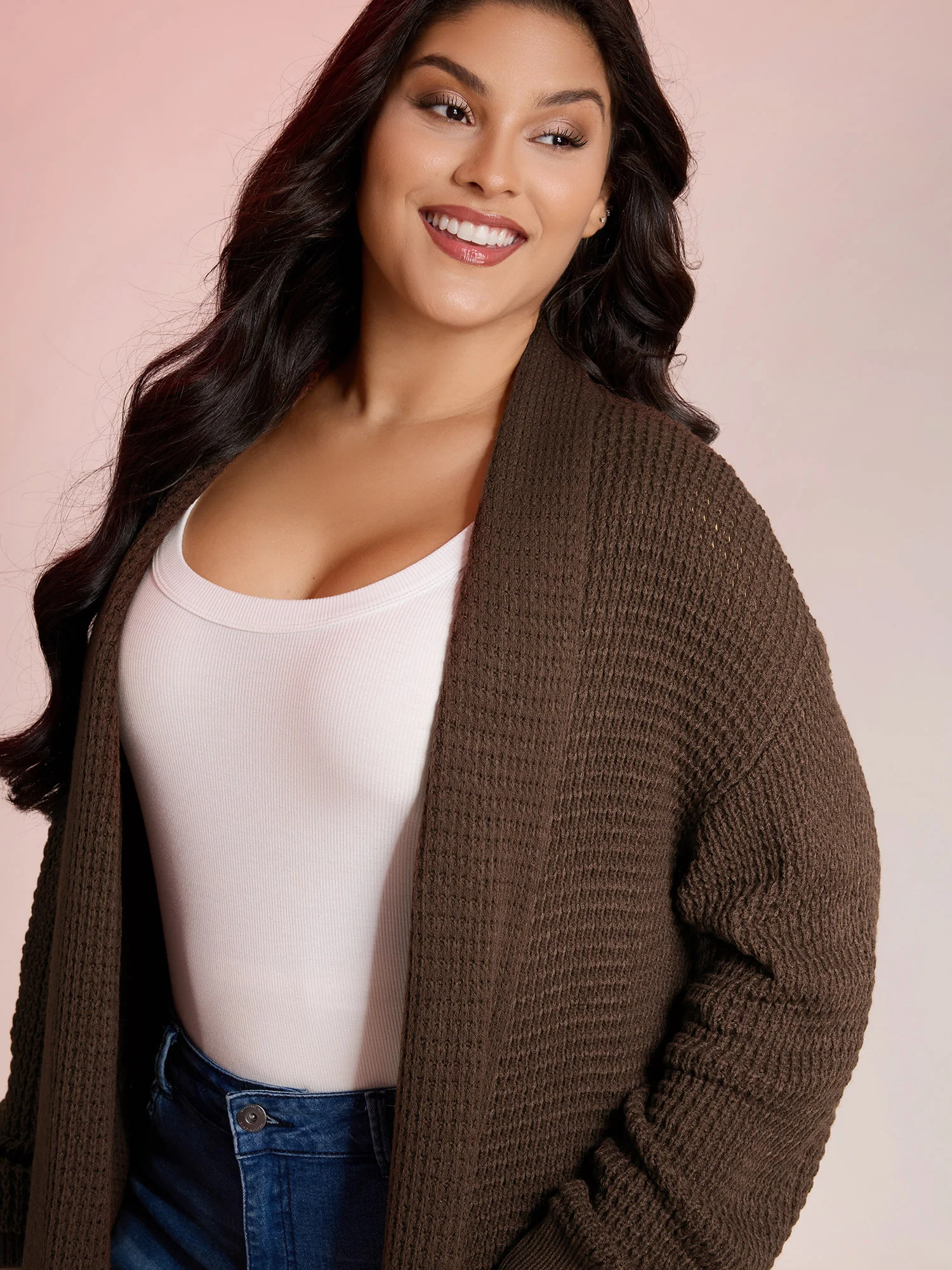 Folded Collar Pockets Slit Knit Cardigan - Image 2