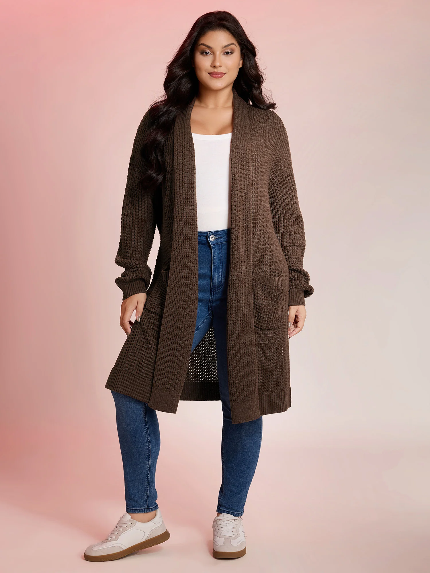Folded Collar Pockets Slit Knit Cardigan - Image 3