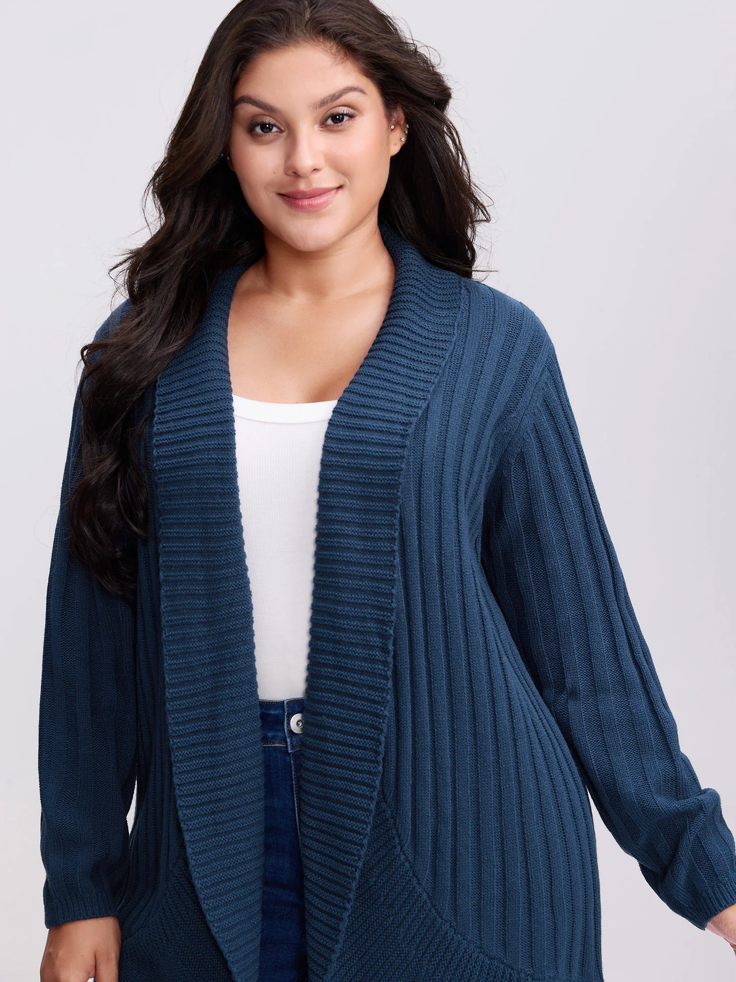 Folded Collar Ribbed Curvy Knit Cardigan - Image 2