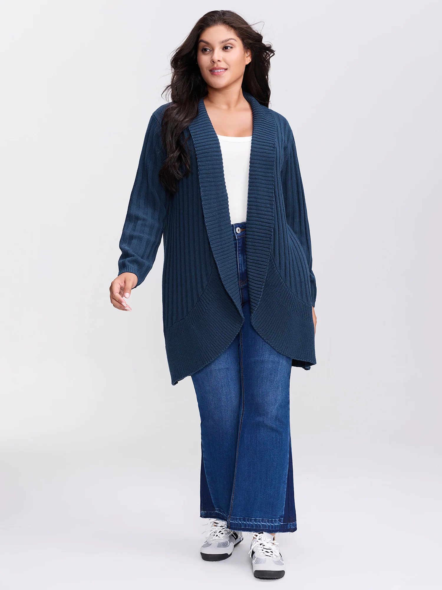 Folded Collar Ribbed Curvy Knit Cardigan - Image 3