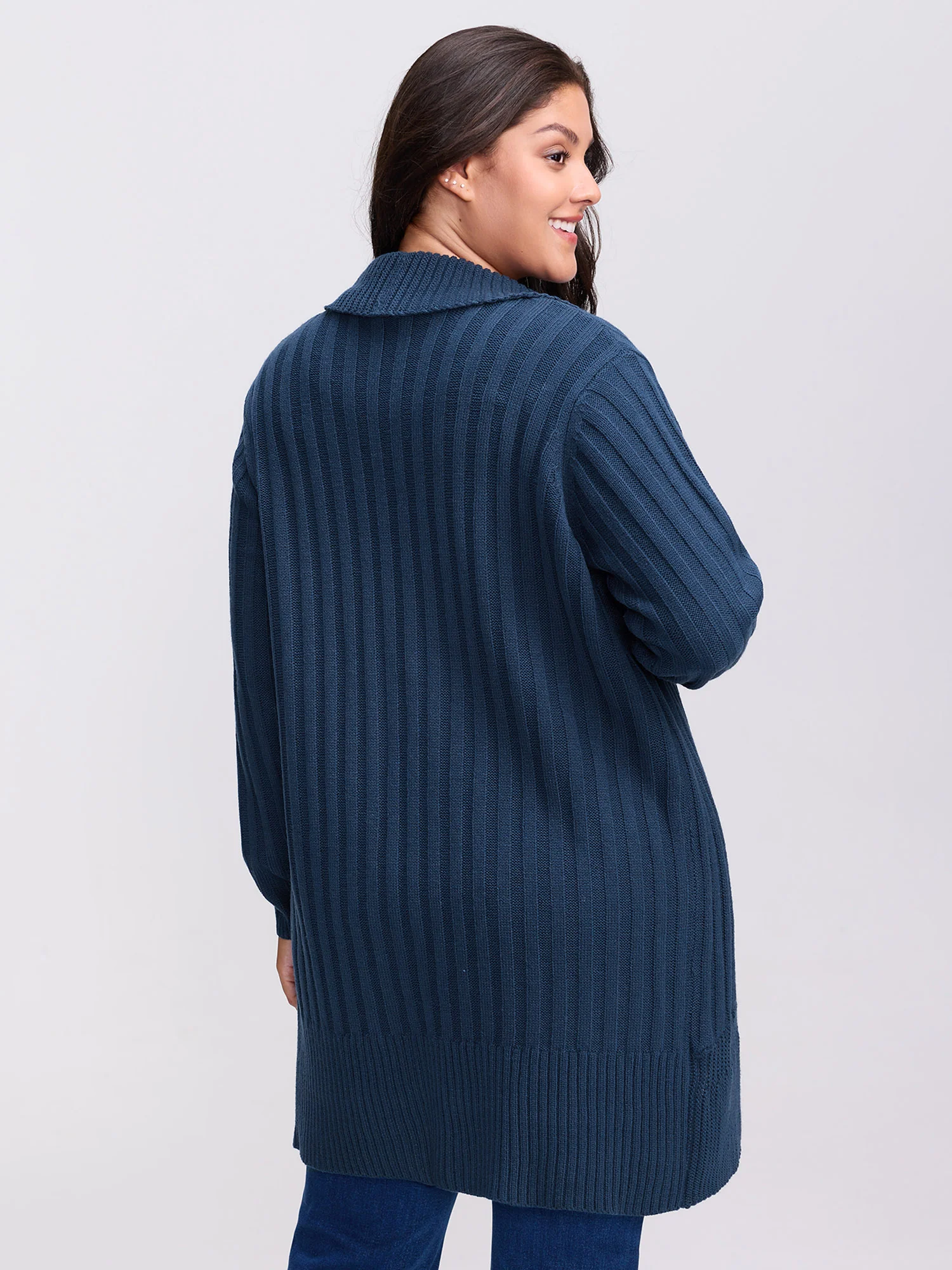 Folded Collar Ribbed Curvy Knit Cardigan - Image 4