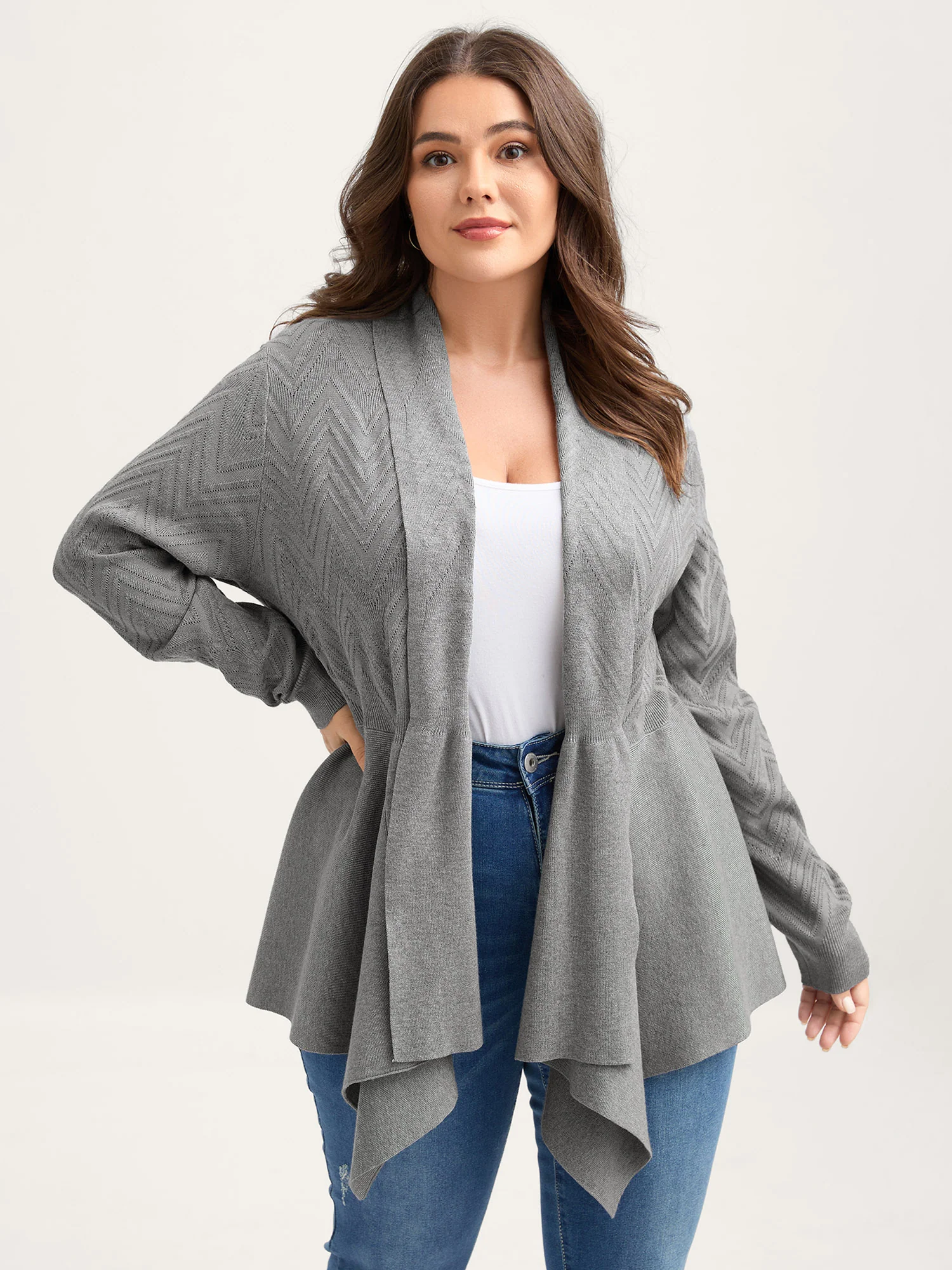 Folded Hem Textured Open-Front Cardigan