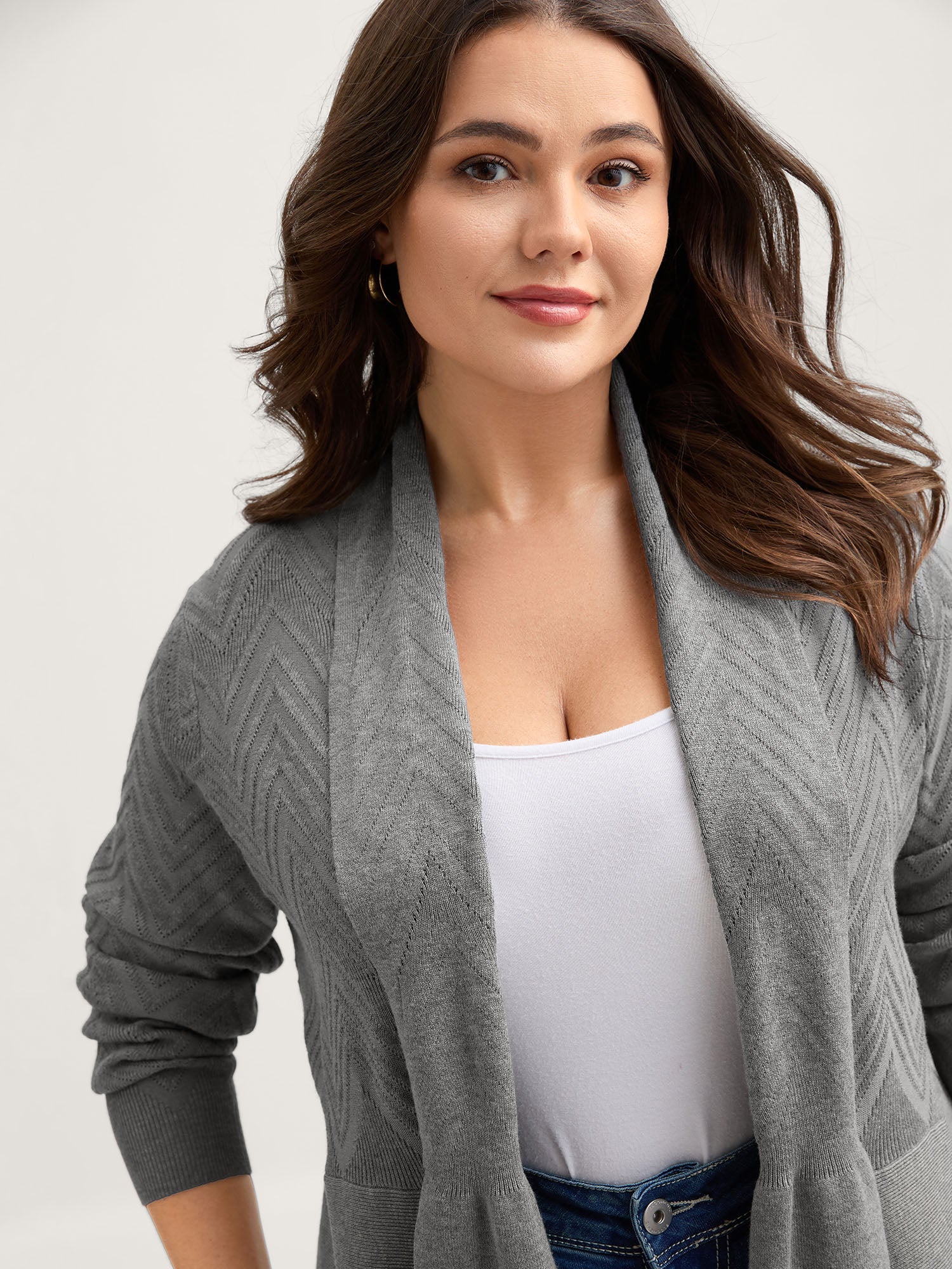 Folded Hem Textured Open-Front Cardigan - Image 2